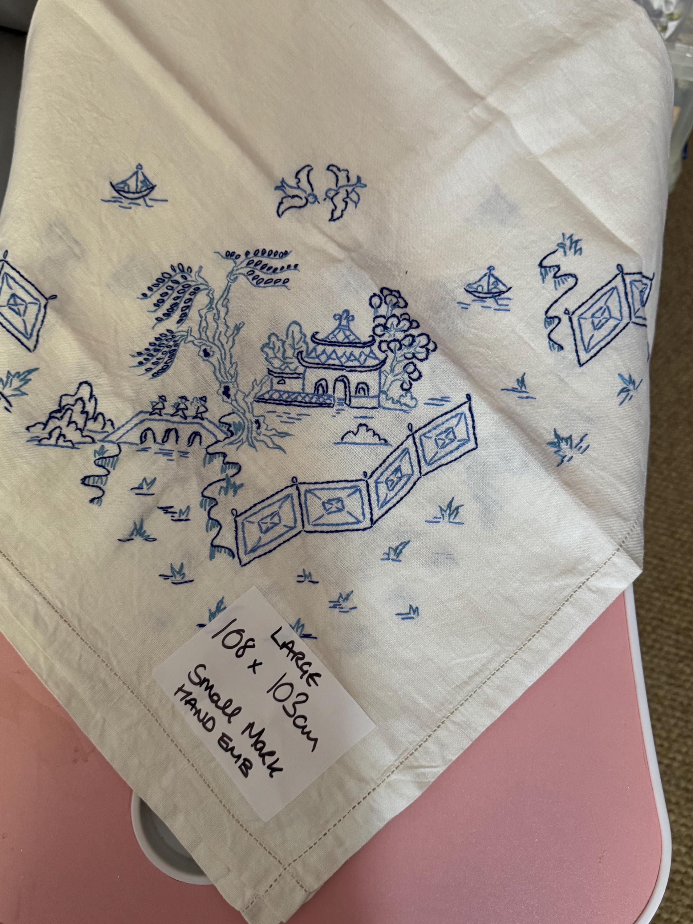 HAND embroidered 108 x 103cm, near square pretty coloured Chinese Japanese pagoda embroidery floral large tablecloth