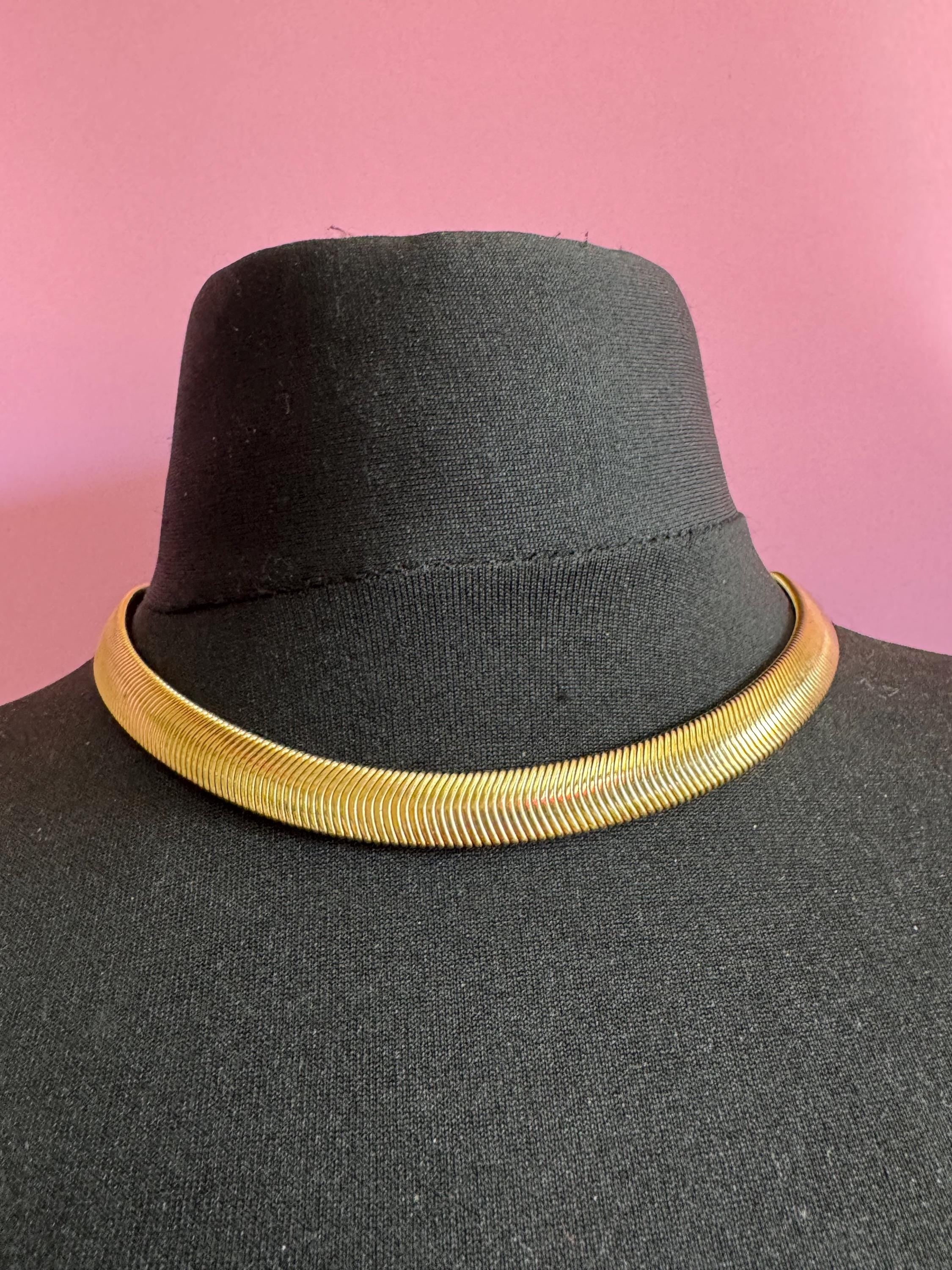 signed GROSSE Germany vintage retro gold tone textured omega chain wide choker necklace