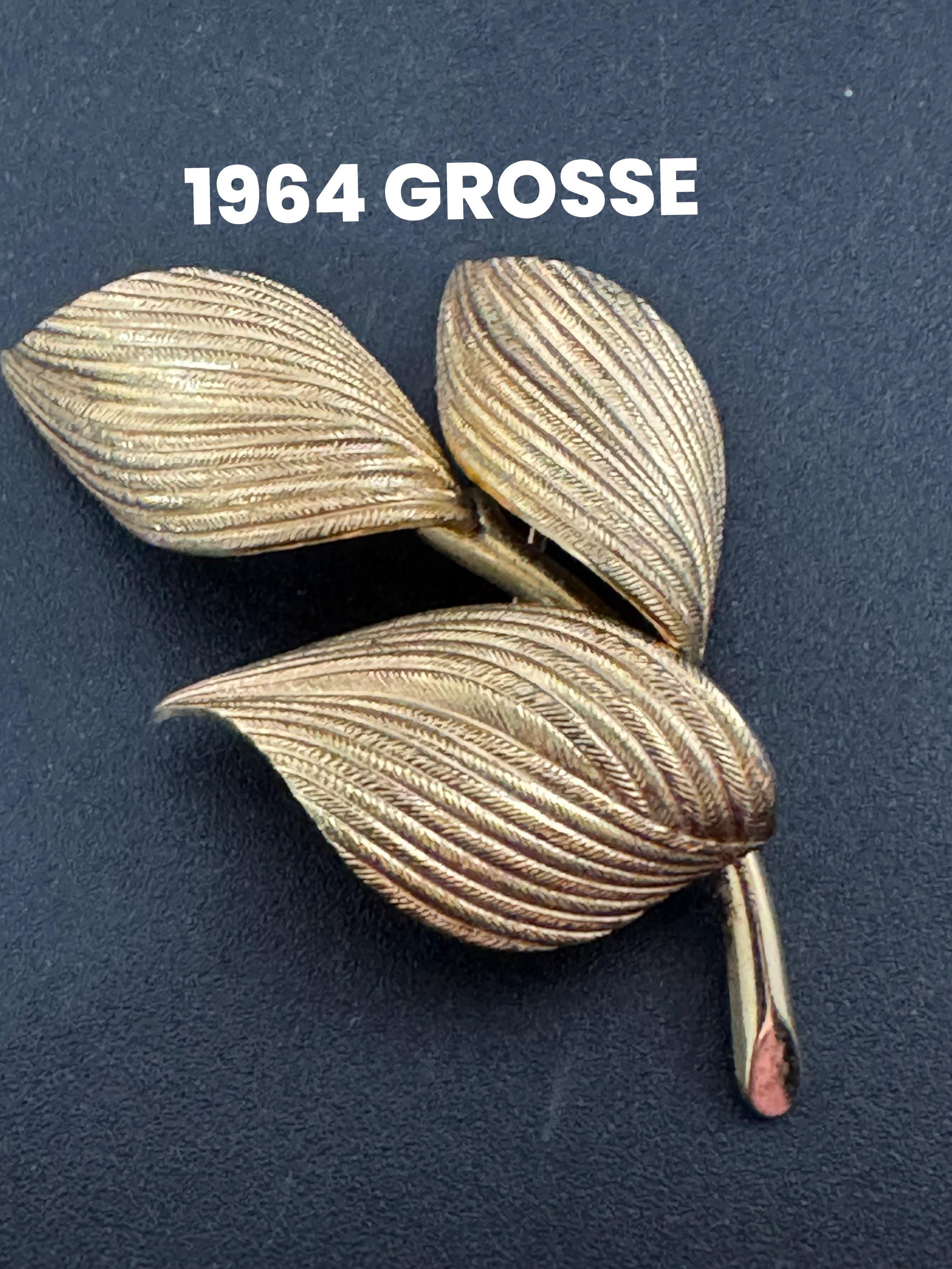 Signed GROSSE Gold Tone Leaf Brooch - 1964 German Designer Jewelry