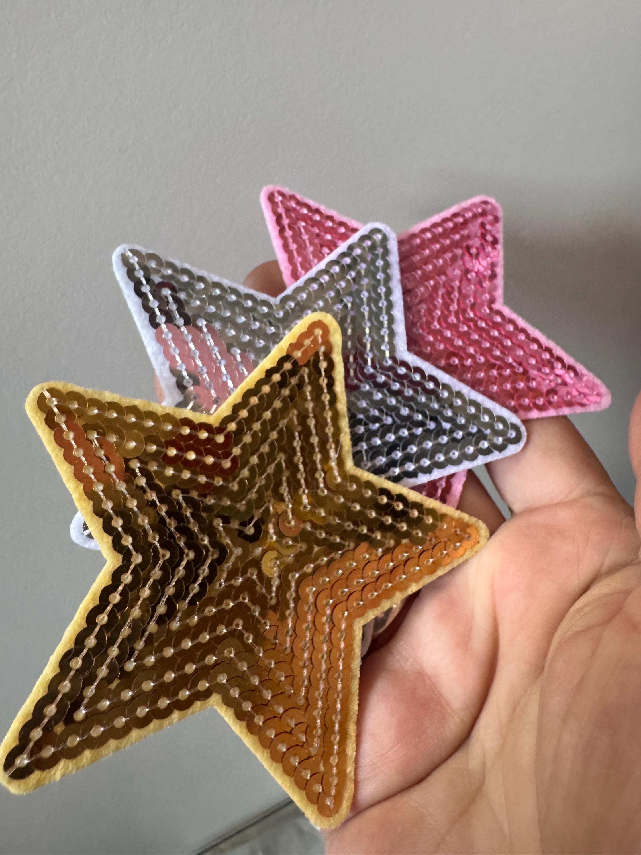 9cm iron on large sequin star patches appliqués in a choice or pink silver or gold 3.5”