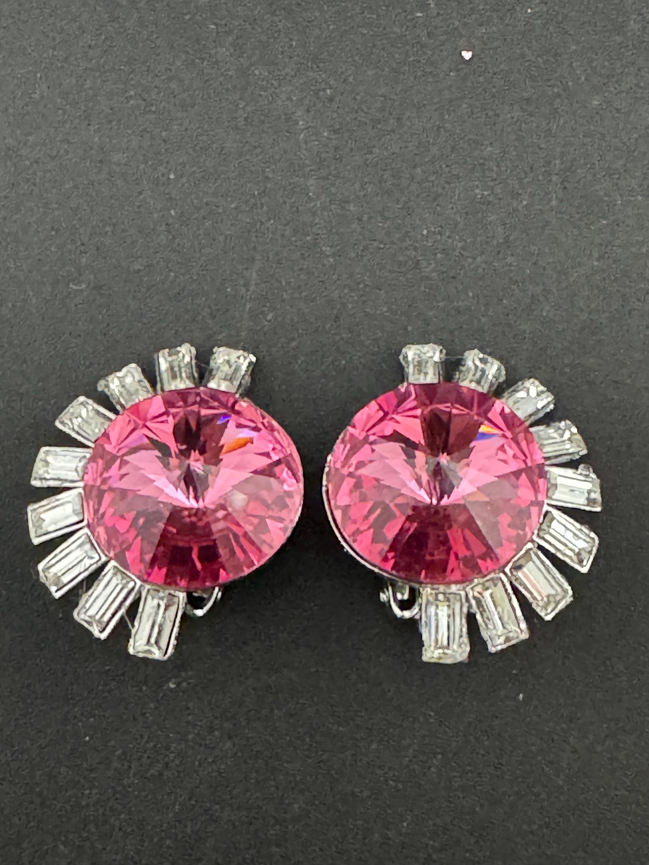 vintage oversized 3cm silver tone pink and clear Swarovski rivoli crystal clip on earrings
