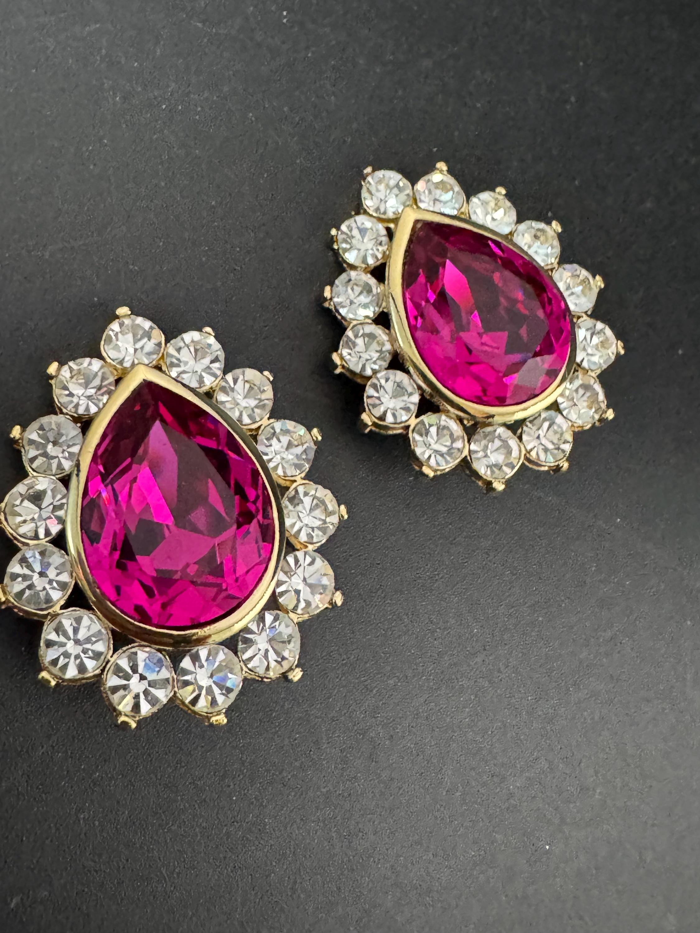 Oversized pink Swarovski Crystal Clip On Earrings: Vintage 1980s Gold Tone