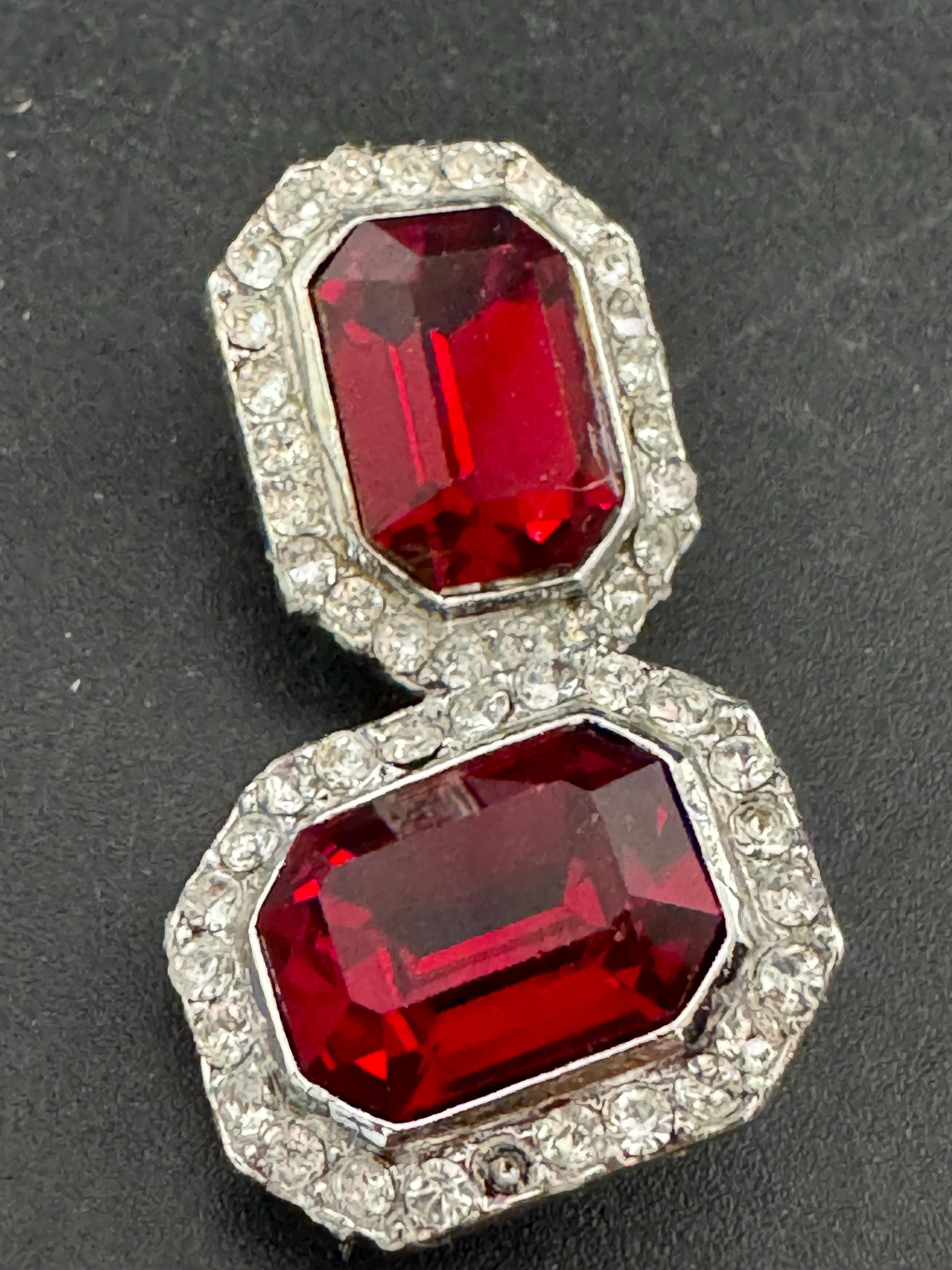 2cm clear and ruby red genuine Swarovski crystal octagon clip on earrings, silver tone