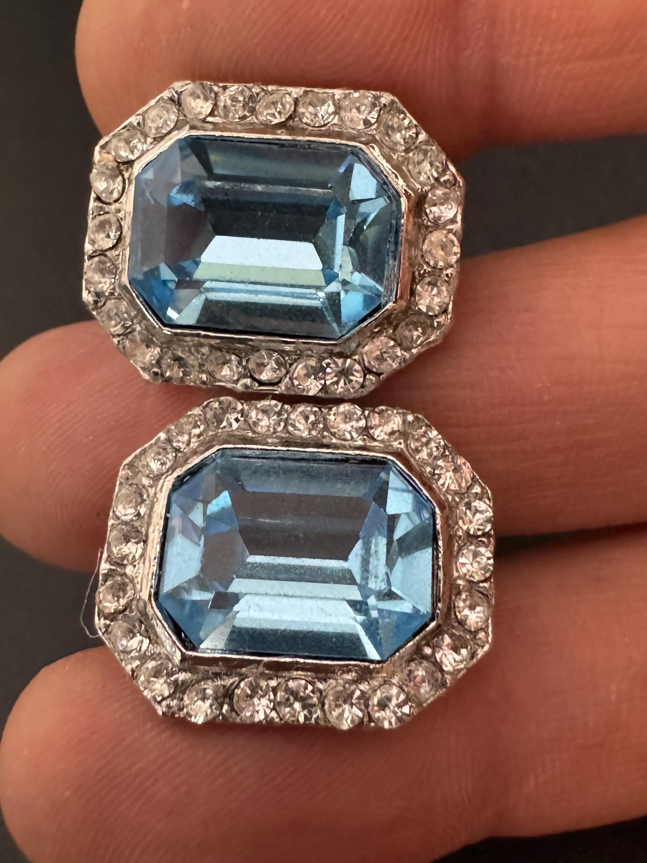 2cm clear and light sapphire blue Swarovski crystal octagon clip on earrings 1980s