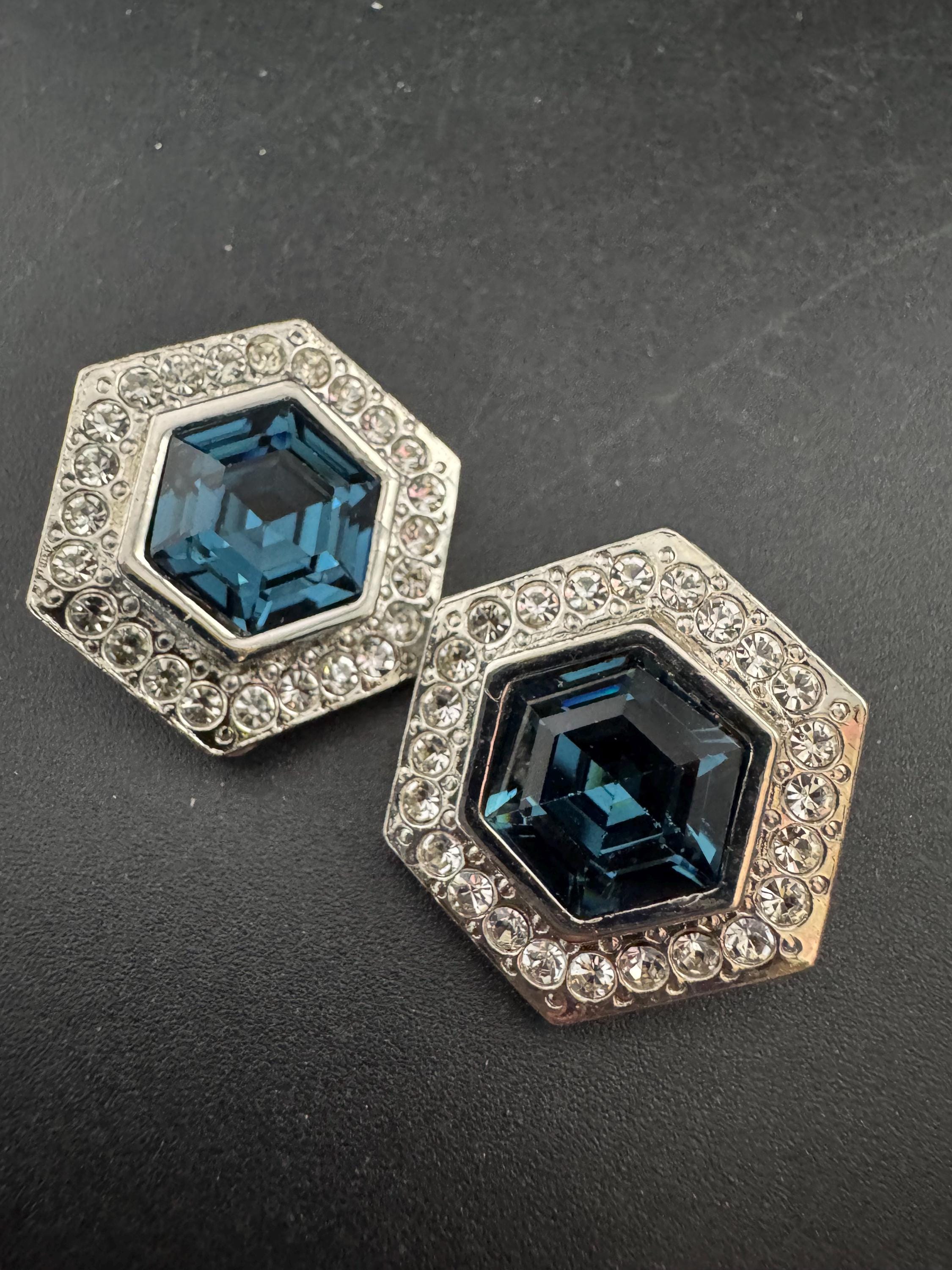 vintage silver tone sapphire blue and and clear Swarovski crystal hexagon earrings 1980s