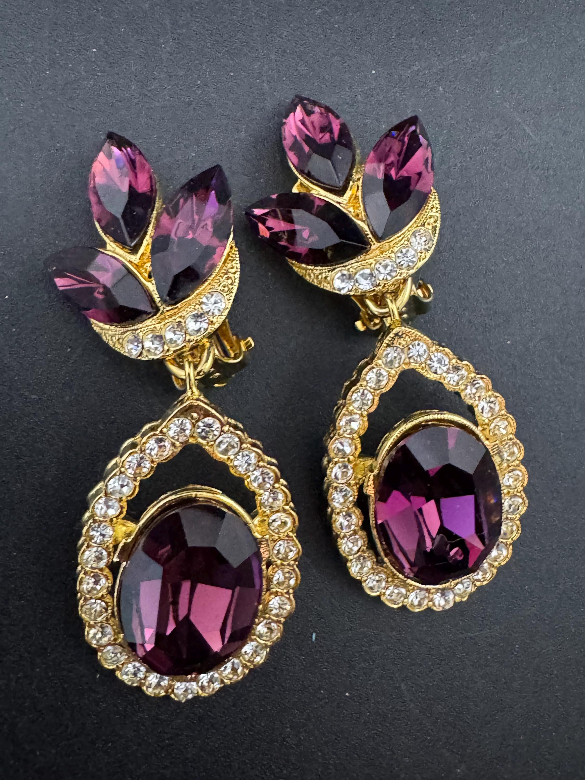 Oversized Swarovski Crystal Drop Earrings: Vintage 1980s Gold Tone