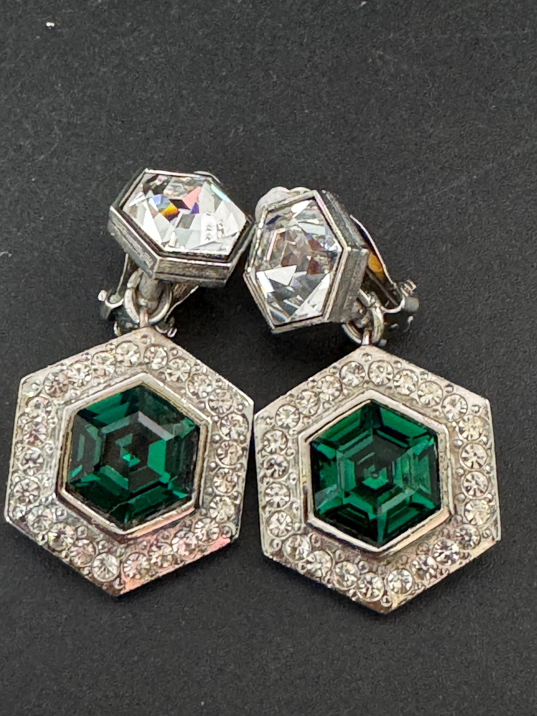 vintage silver tone emerald green and and clear Swarovski crystal hexagon drop earrings