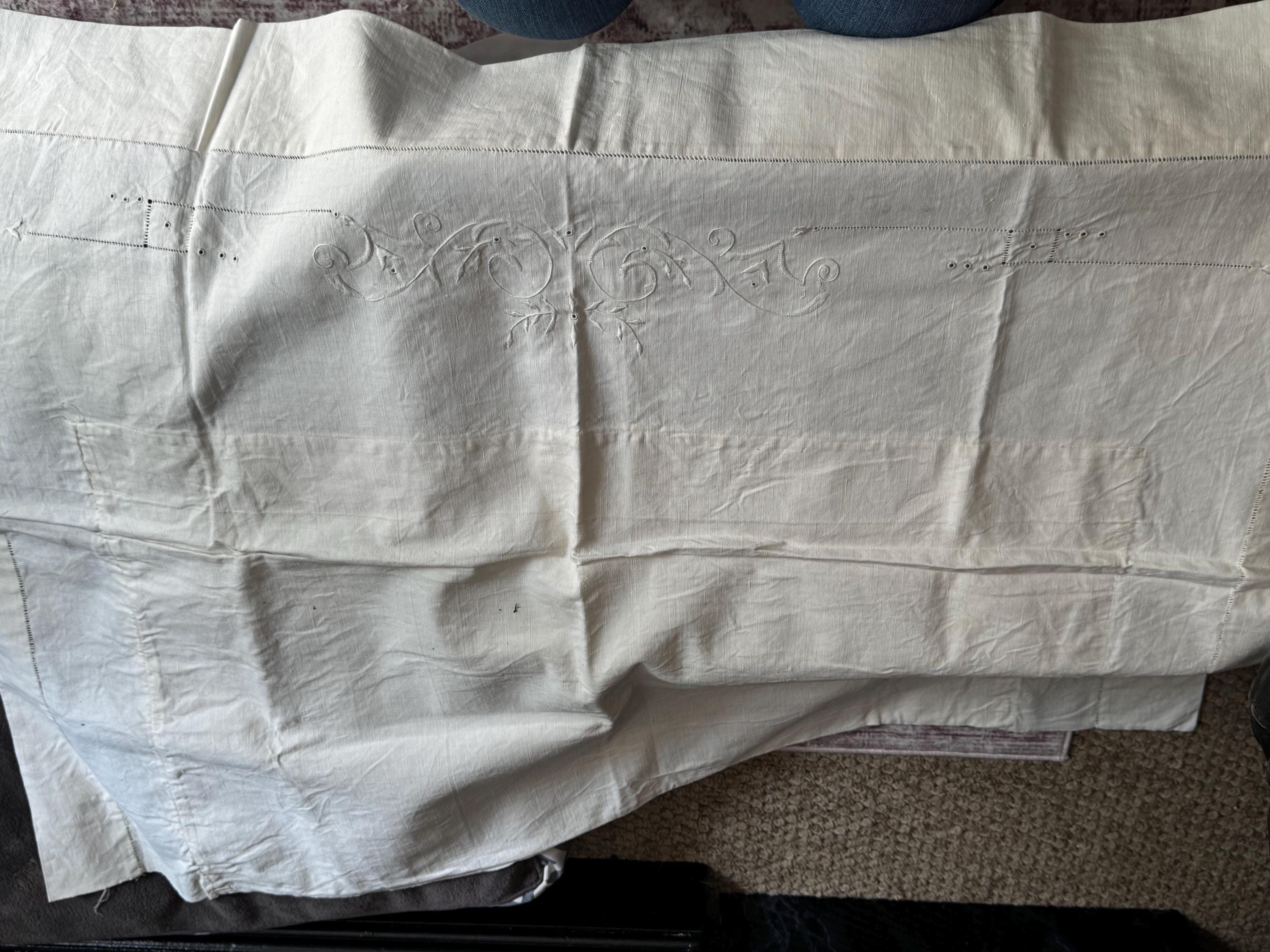 Antique Linen Embroidered Pillowcases: Chateau Chic Bedding, 1900s