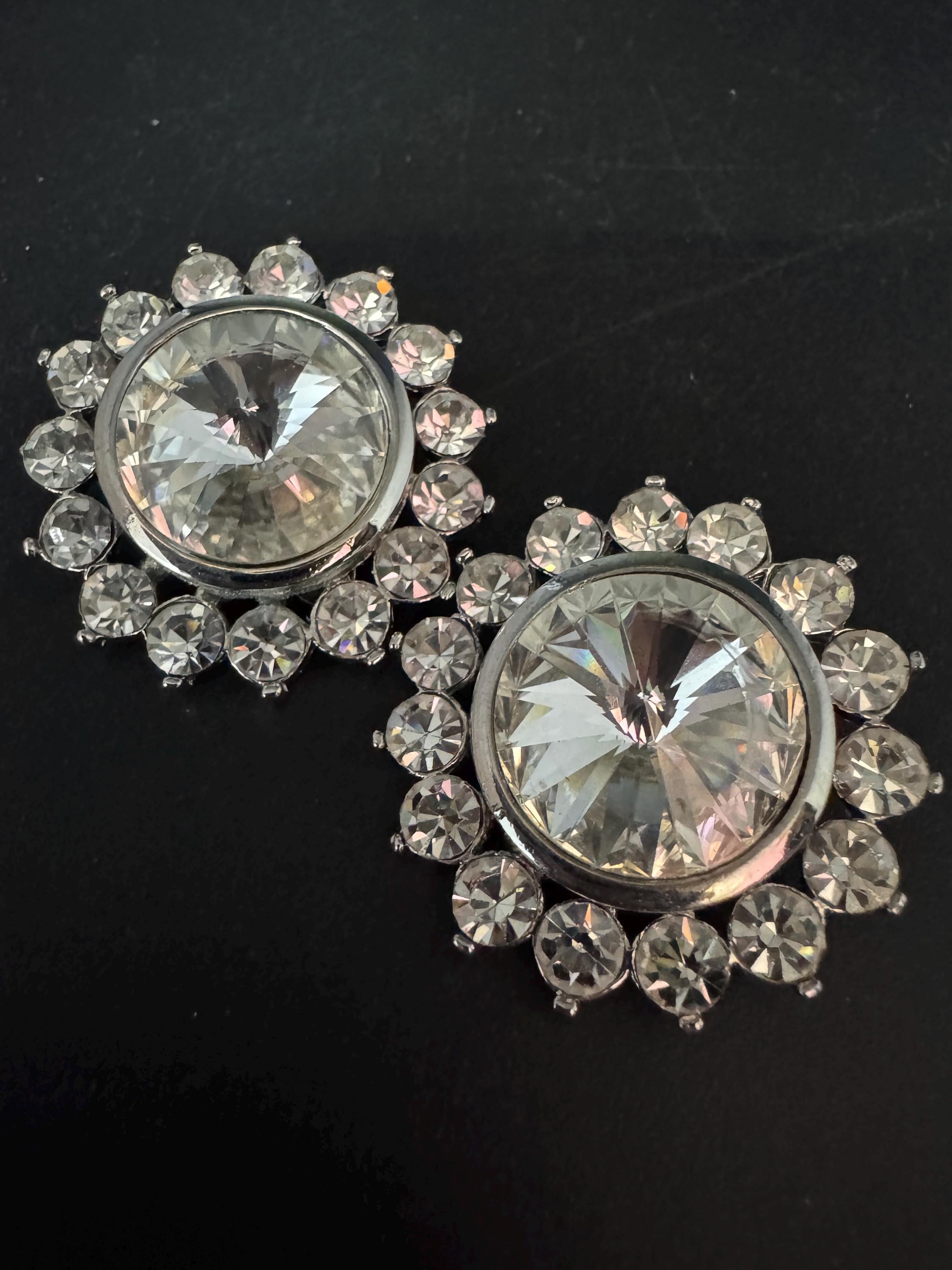 vintage oversized 3.5cm silver tone clear genuine Swarovski Rivoli crystal earrings