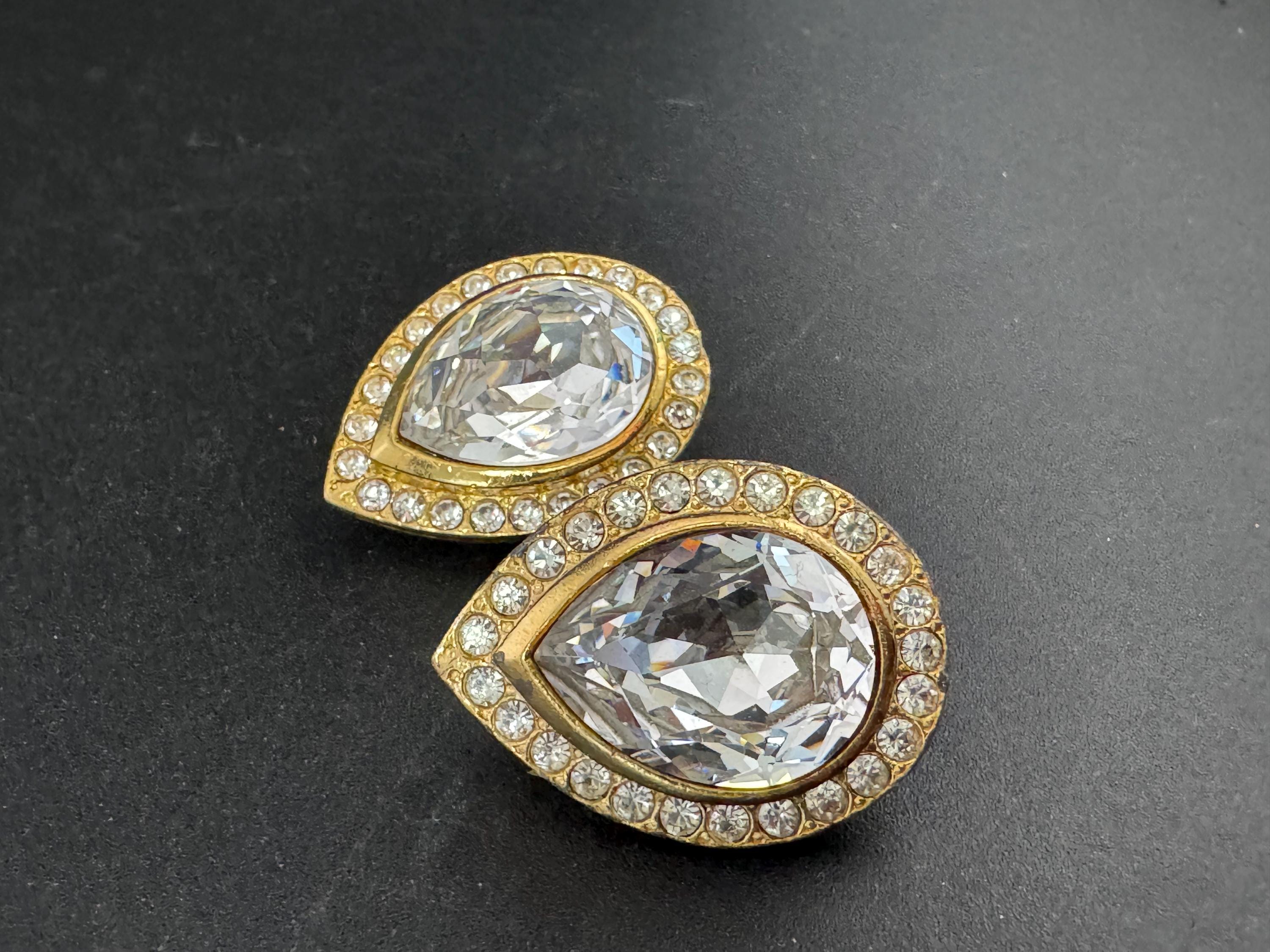 vintage oversized 3.5cm gold tone clear glass Swarovski crystal teardrop stud earrings 1980s