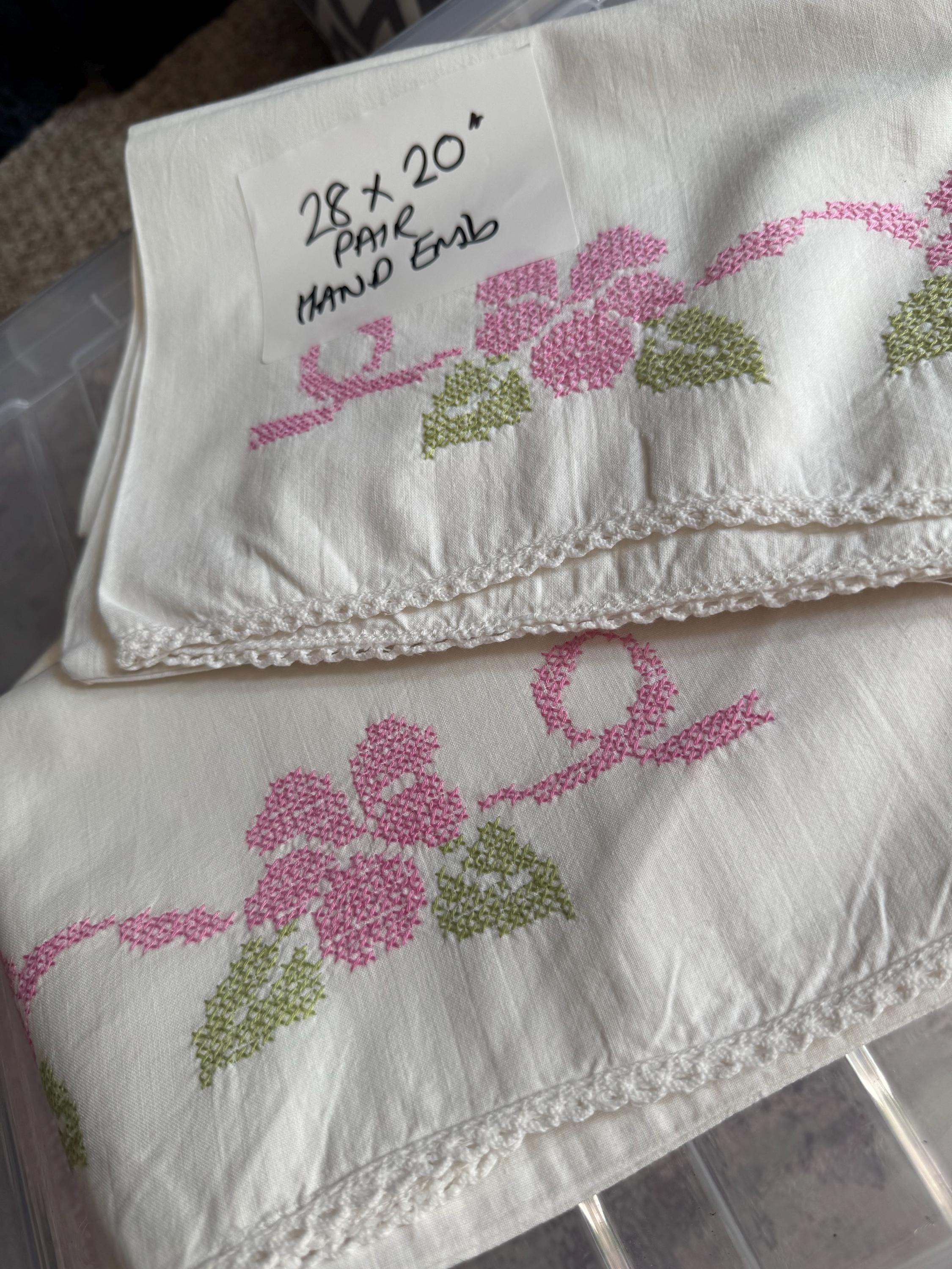 Vintage HAND embroidered floral pair of pillowcases pink green flowers pastels