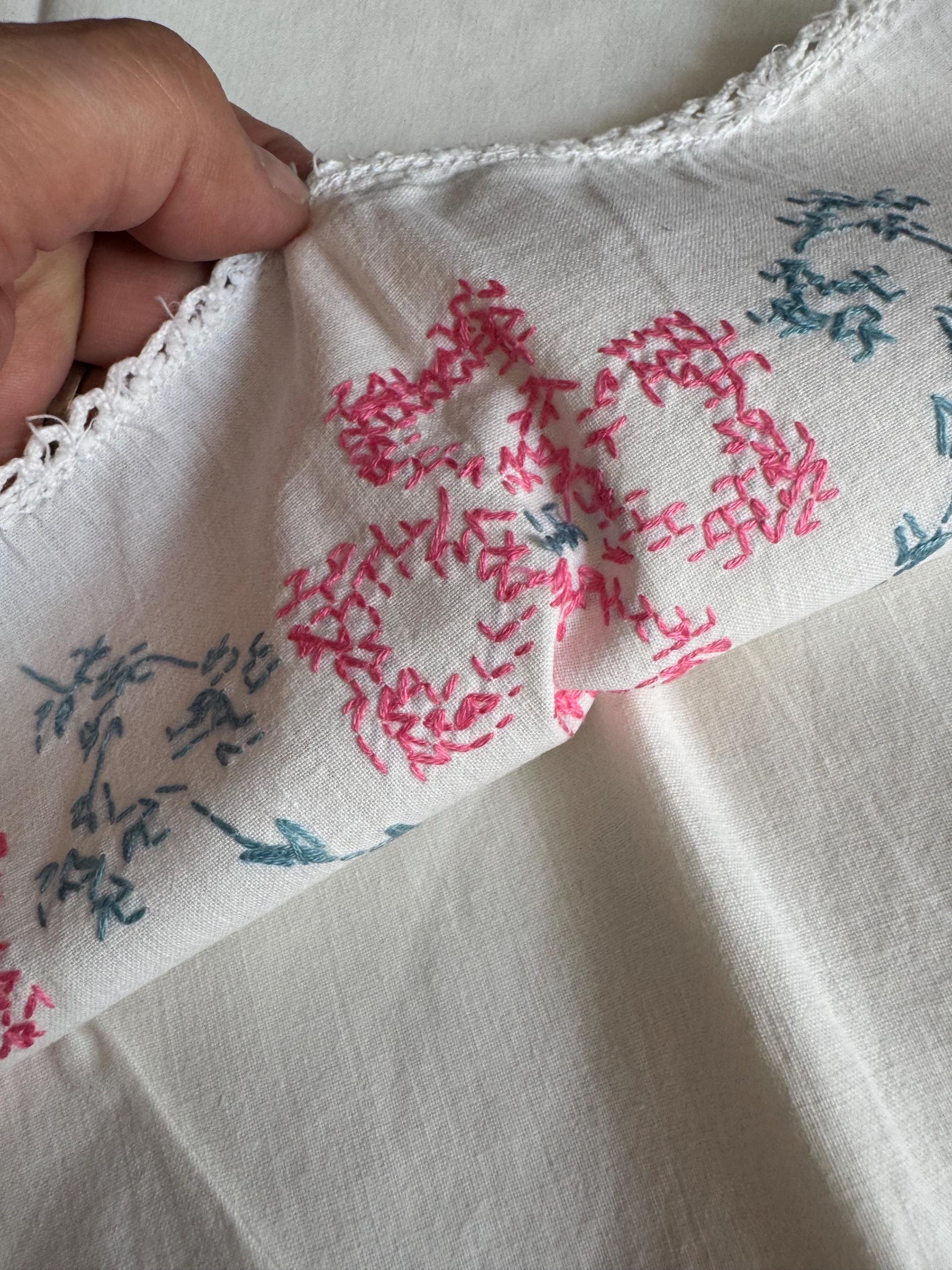 Vintage HAND embroidered floral pair of pillowcases pink green blue flowers pastels