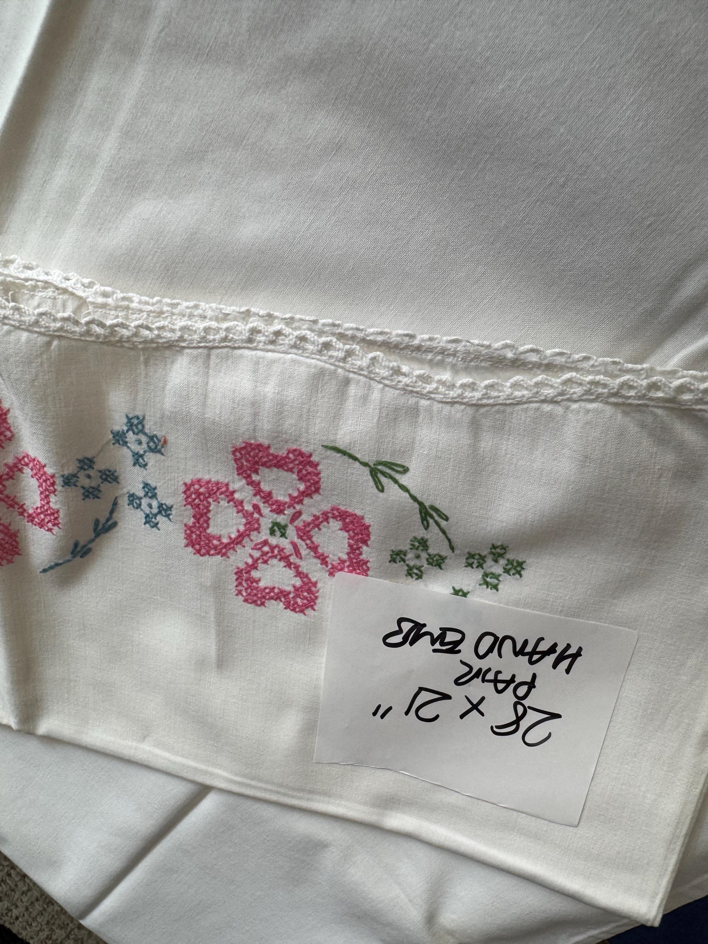 Vintage HAND embroidered floral pair of pillowcases pink green blue flowers pastels