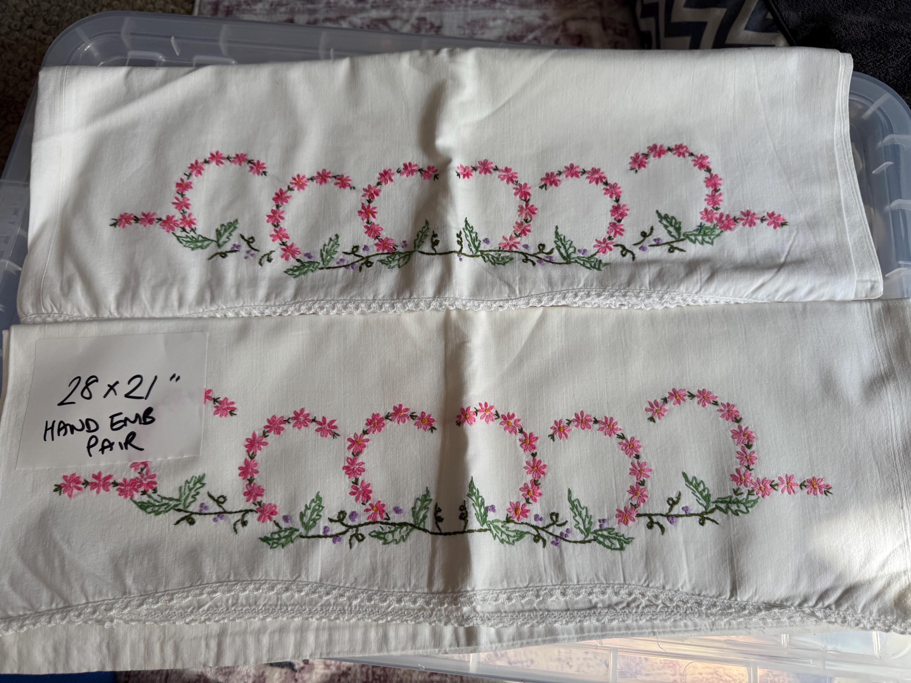 Vintage HAND embroidered floral pair of pillowcases pink green purple flowers pastels