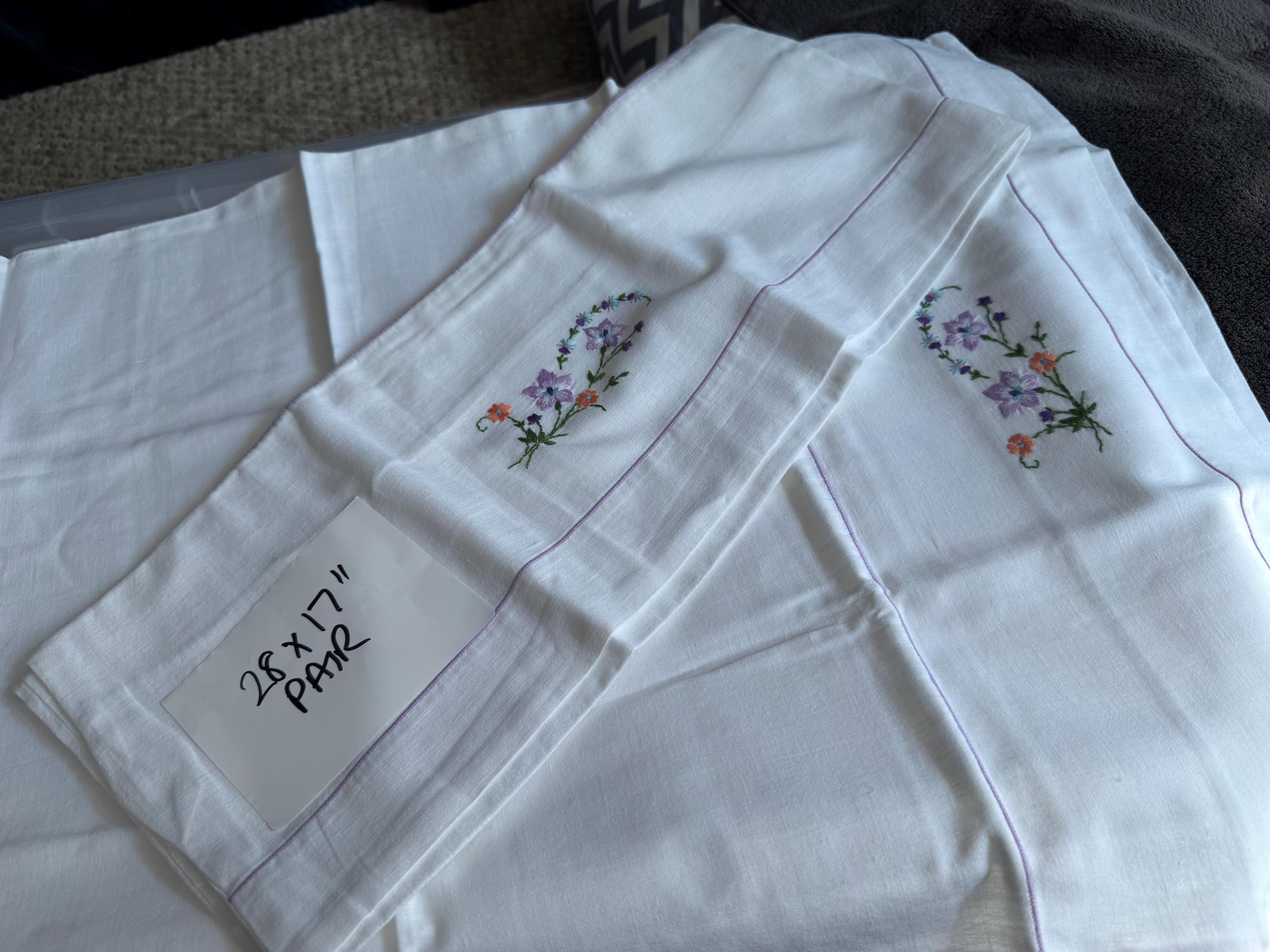 Pair / 2 cottage chateau chic bedding white cotton embroidered pillowcases spring colours lilac purple green floral flowers