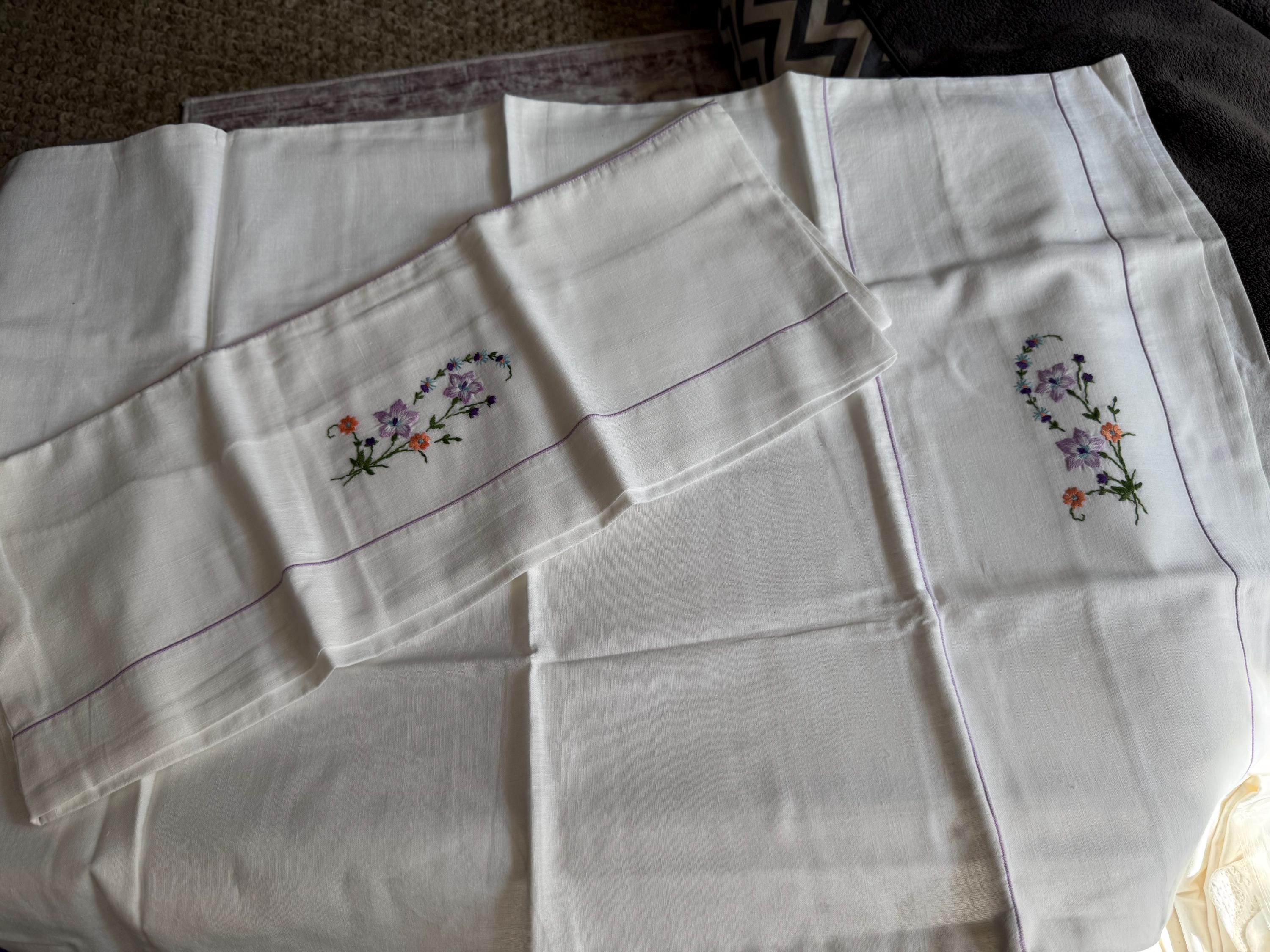 Pair / 2 cottage chateau chic bedding white cotton embroidered pillowcases spring colours lilac purple green floral flowers