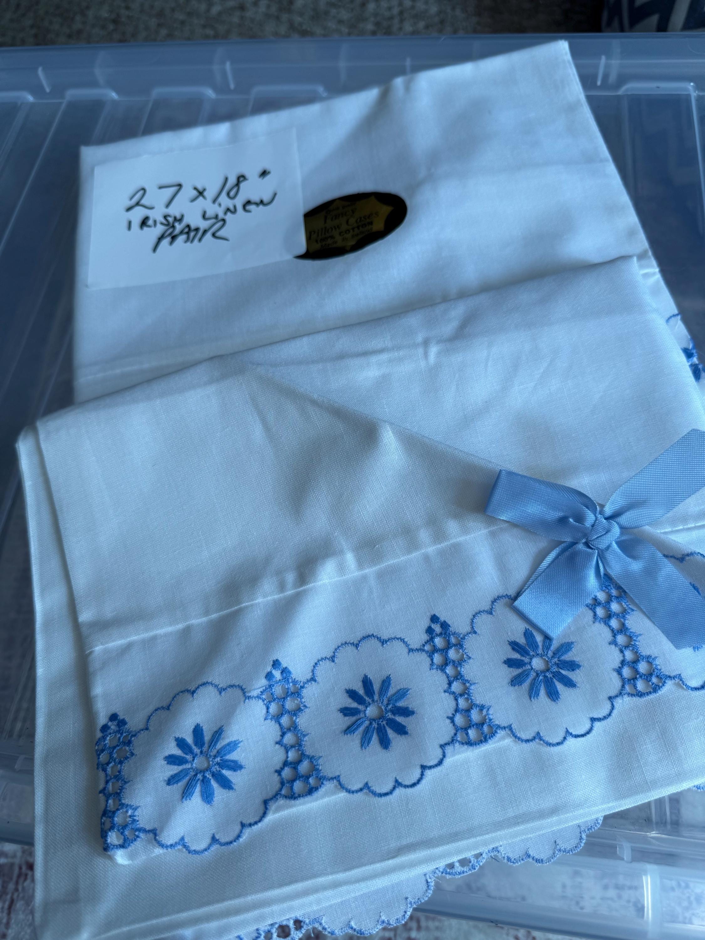 Pair / 2 Chateau chic bedding deco white crisp Irish cotton embroidered pillowcases blue floral flowers 27 x 18”