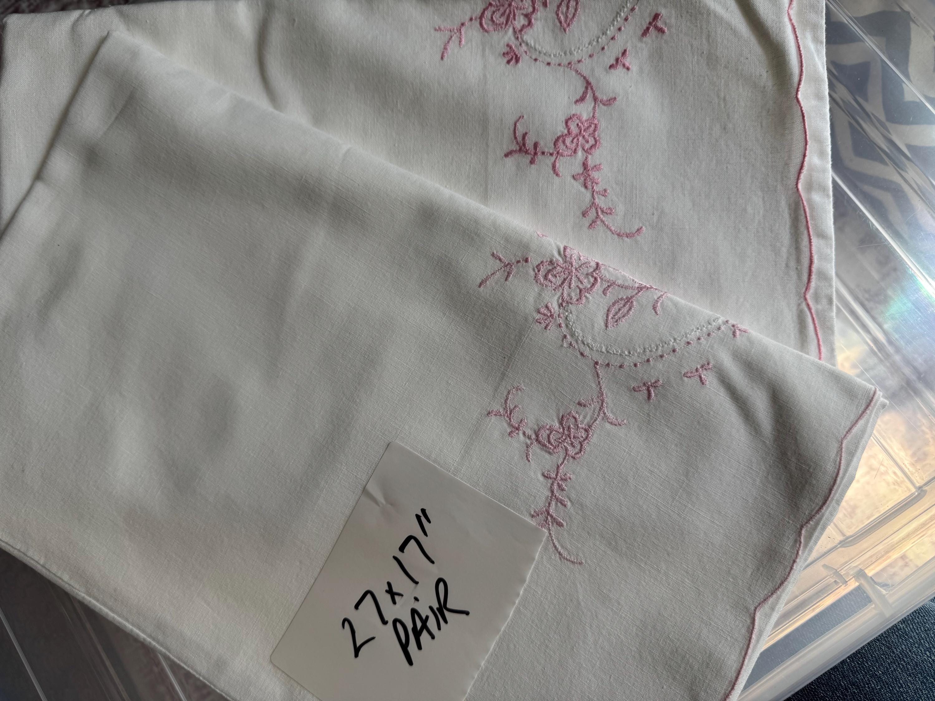 Pair / 2 Chateau chic bedding deco white crisp cotton embroidered pillowcases floral flowers 27 x 17 inch pink threadwork