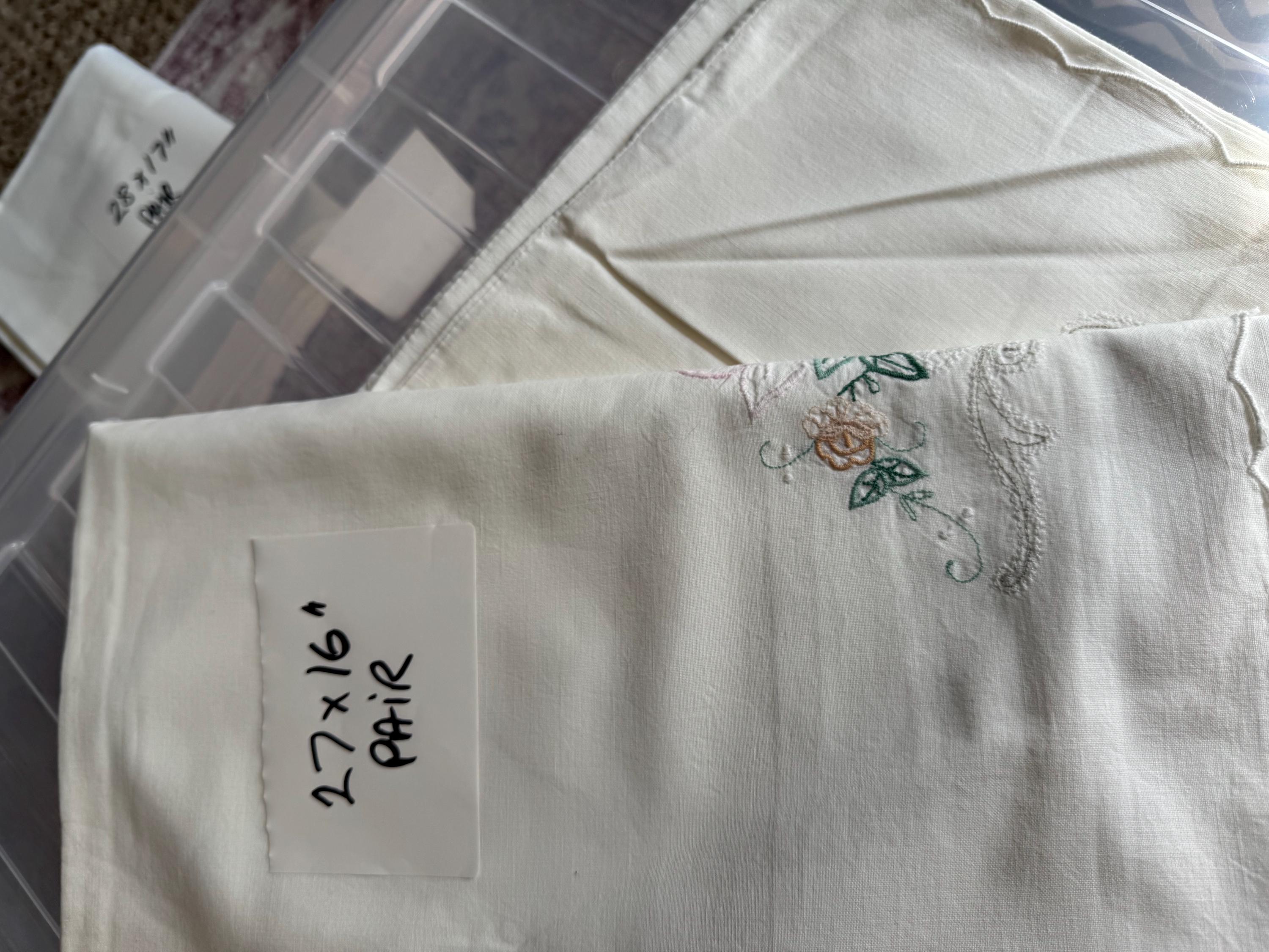 Pair of white cotton embroidered floral pillowcases peach purple  green