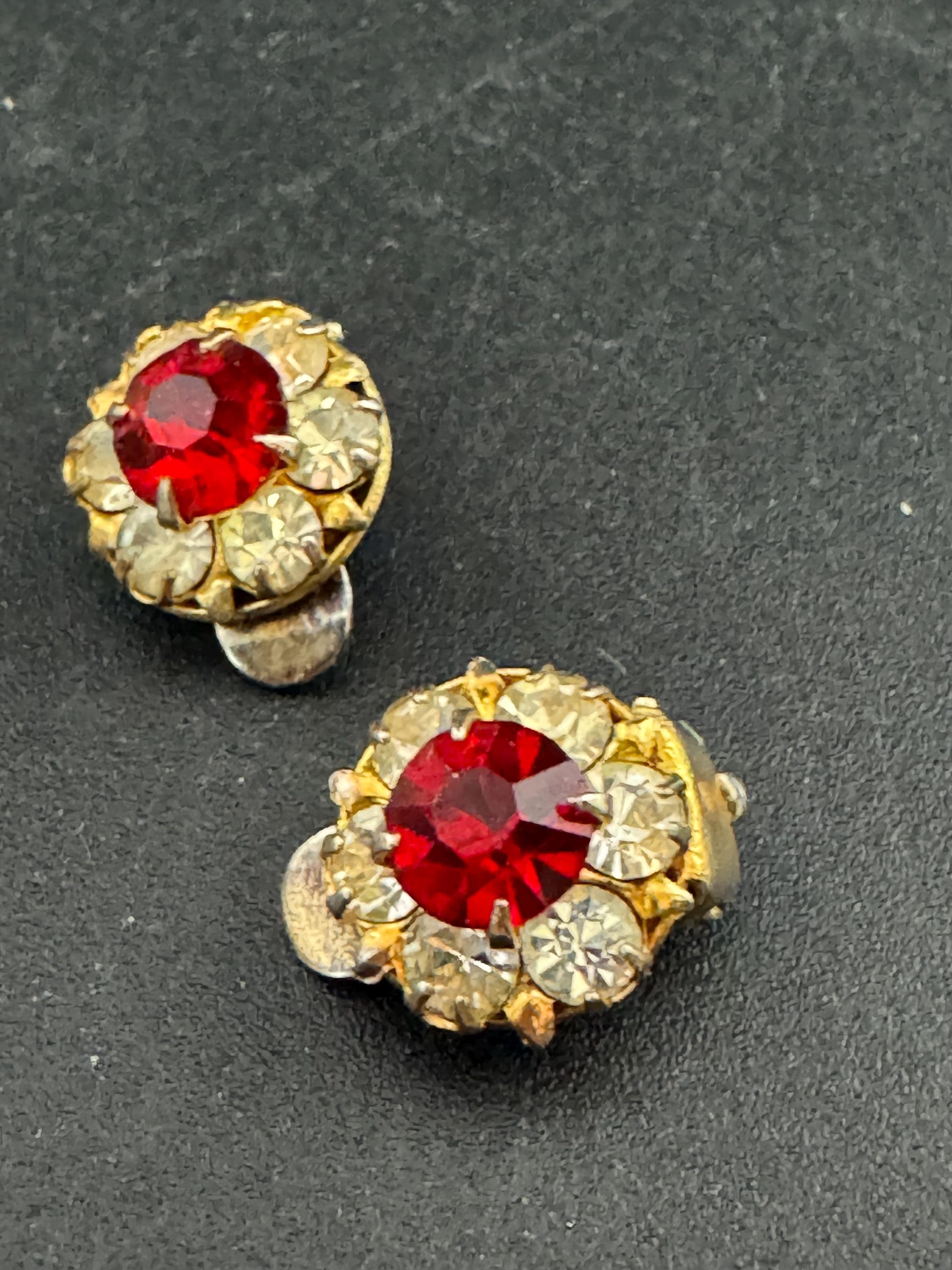 vintage dainty silver tone ruby red and clear rhinestone round earrings
