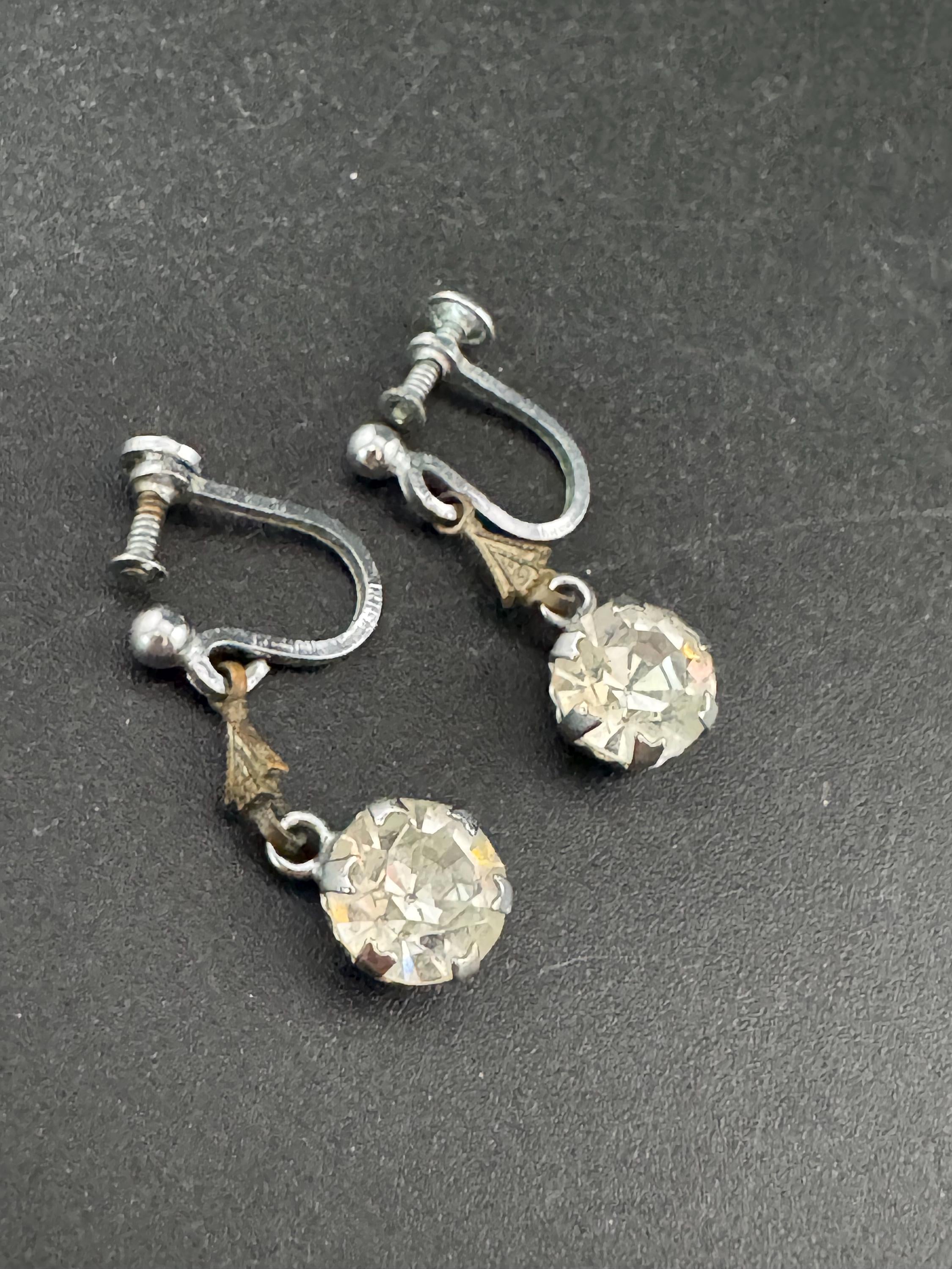 Vintage Clear Diamanté long 2cm Drop Paste rhinestone Clip On Earrings screw back