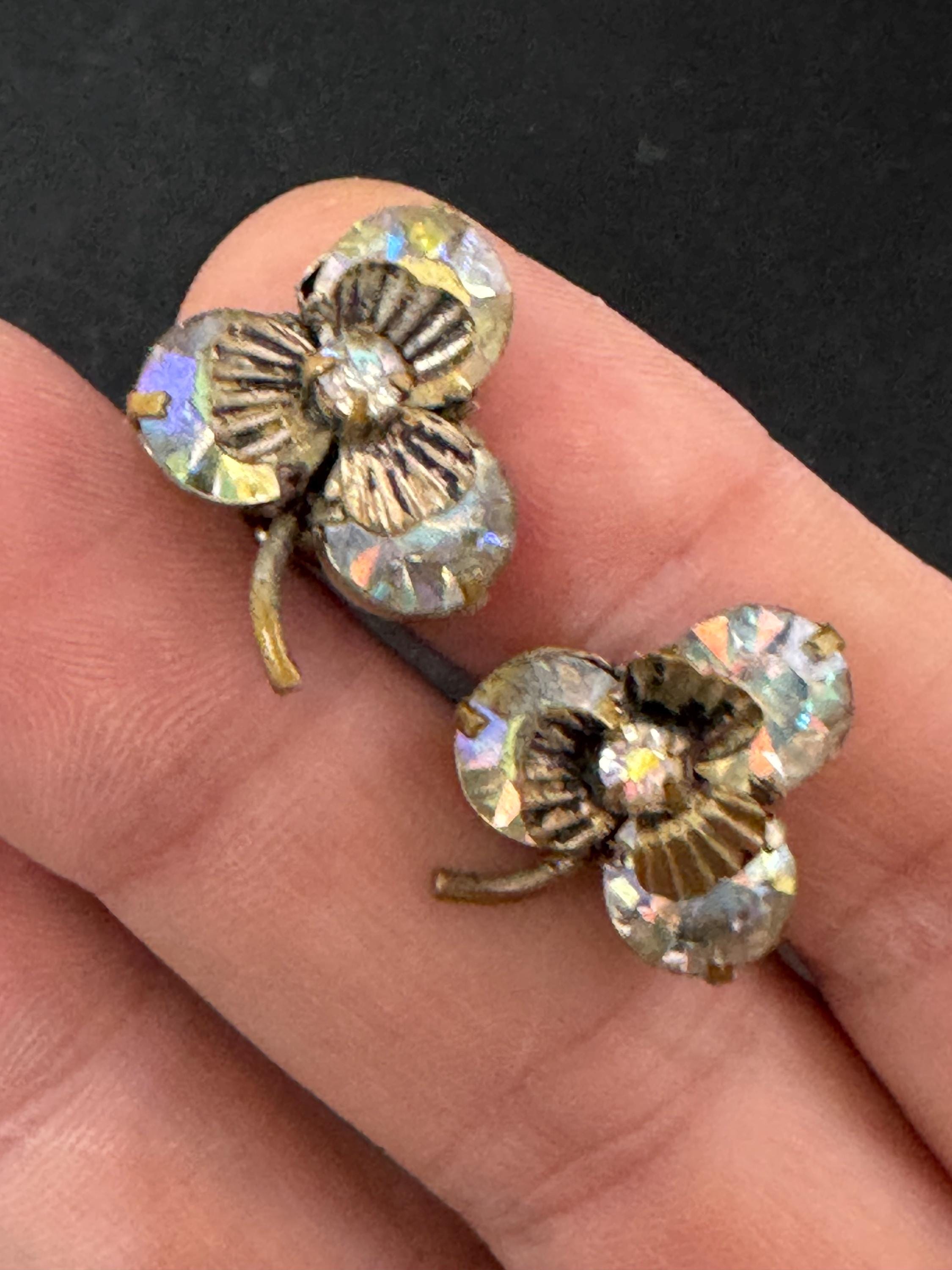 Antique good luck Czech AB shamrock silver tone rhinestone clip on earrings