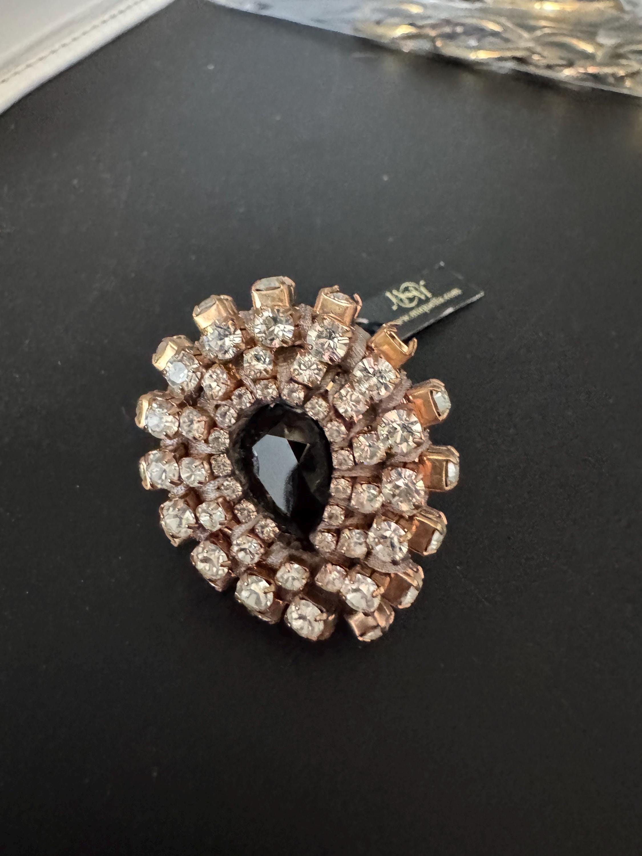 Retro clear and black Swarovski Crystal gold tone oversized teardrop cocktail ring adjustable designer piece, monochrome
