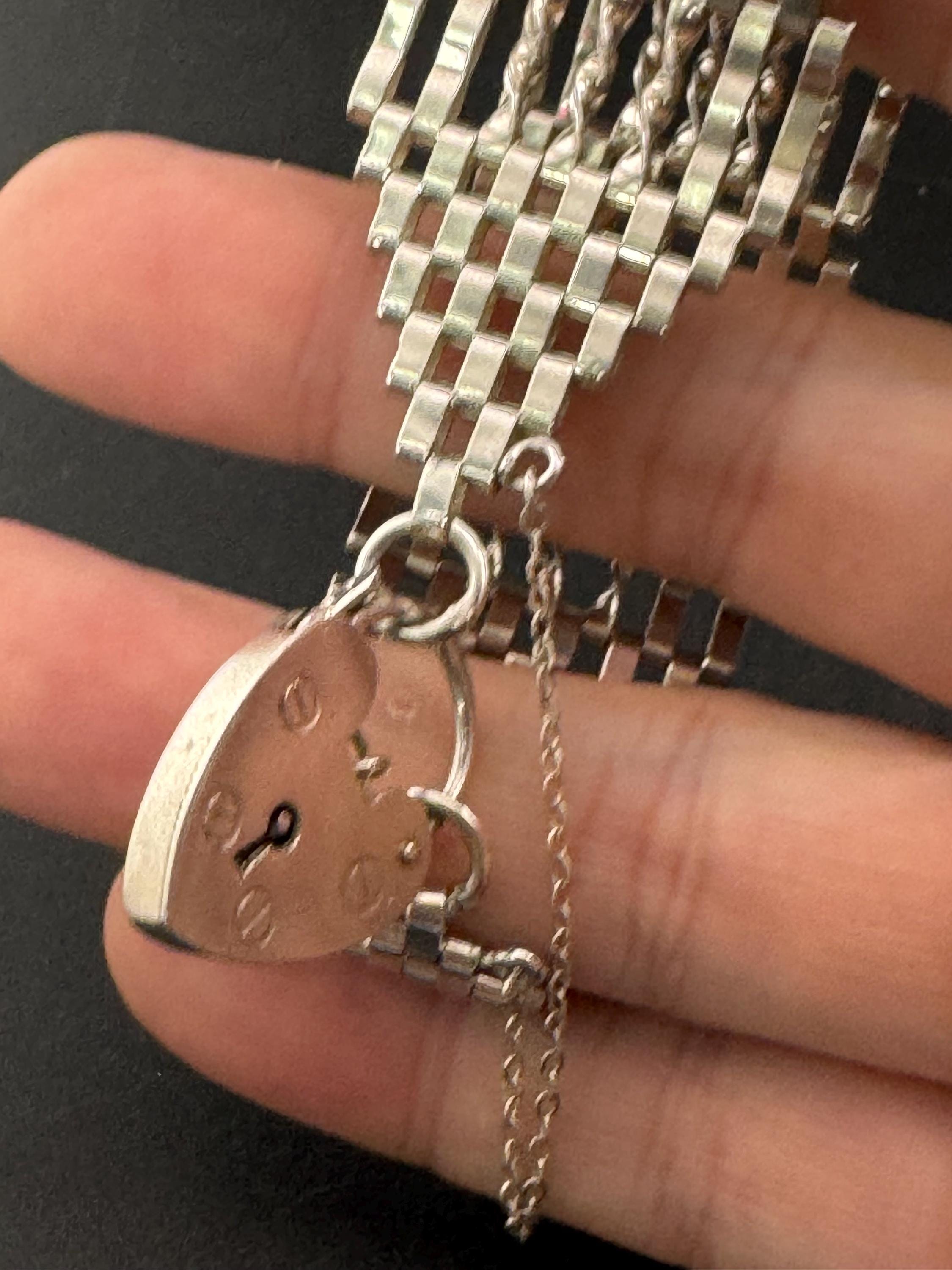 Vintage 925 sterling silver 7 bar wide gate bracelet with large heart padlock and safety chain