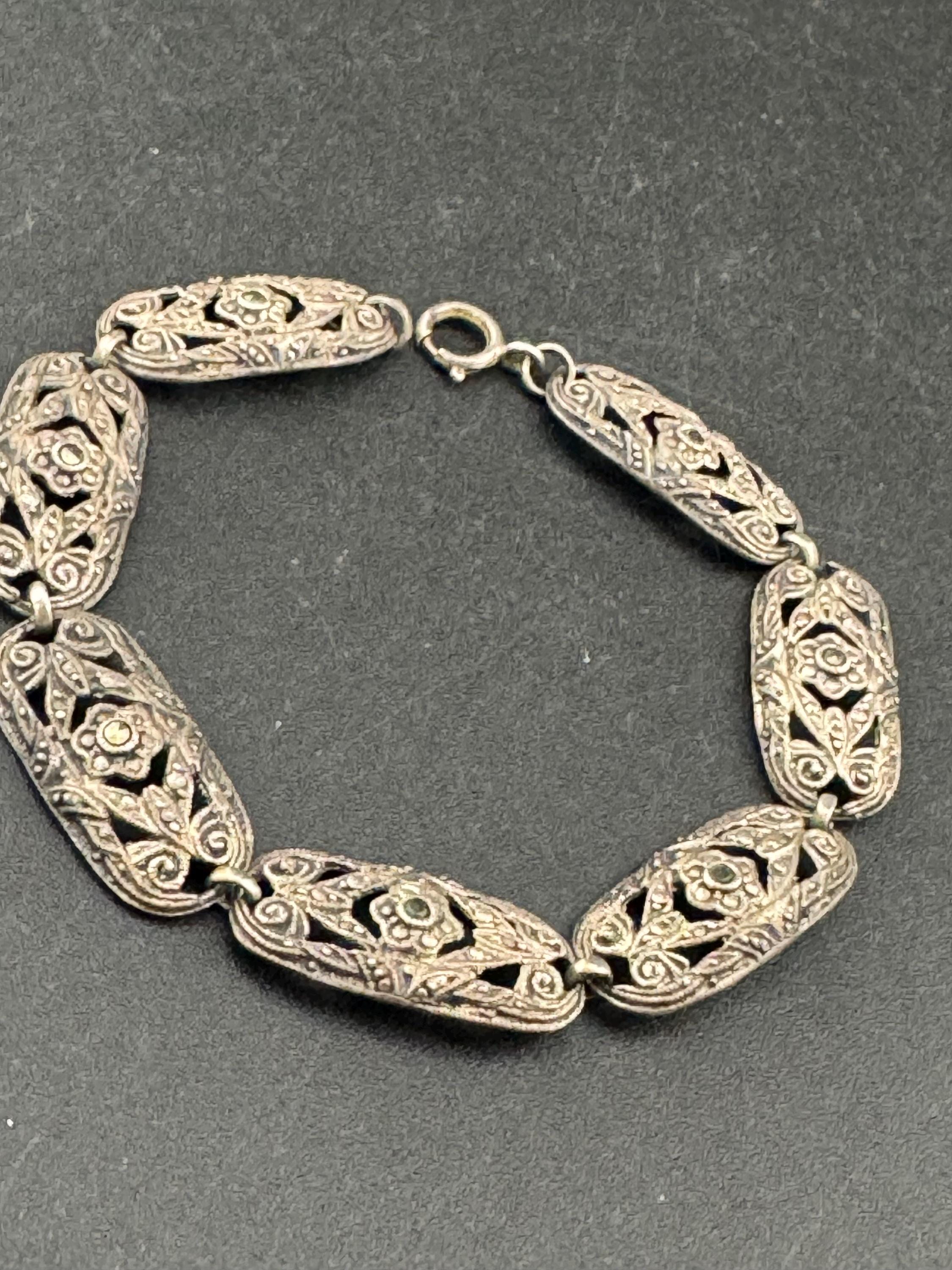 Vintage 925 sterling silver and marcasite panel link cocktail bracelet 18cm 11.6 grams