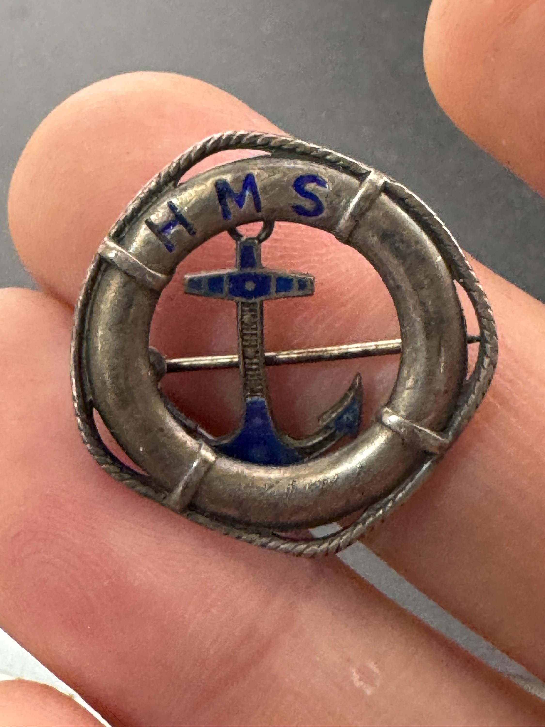 Dainty art deco period Sterling silver Antique nautical blue enamel anchor dangle Brooch, gift captain crew ship boat