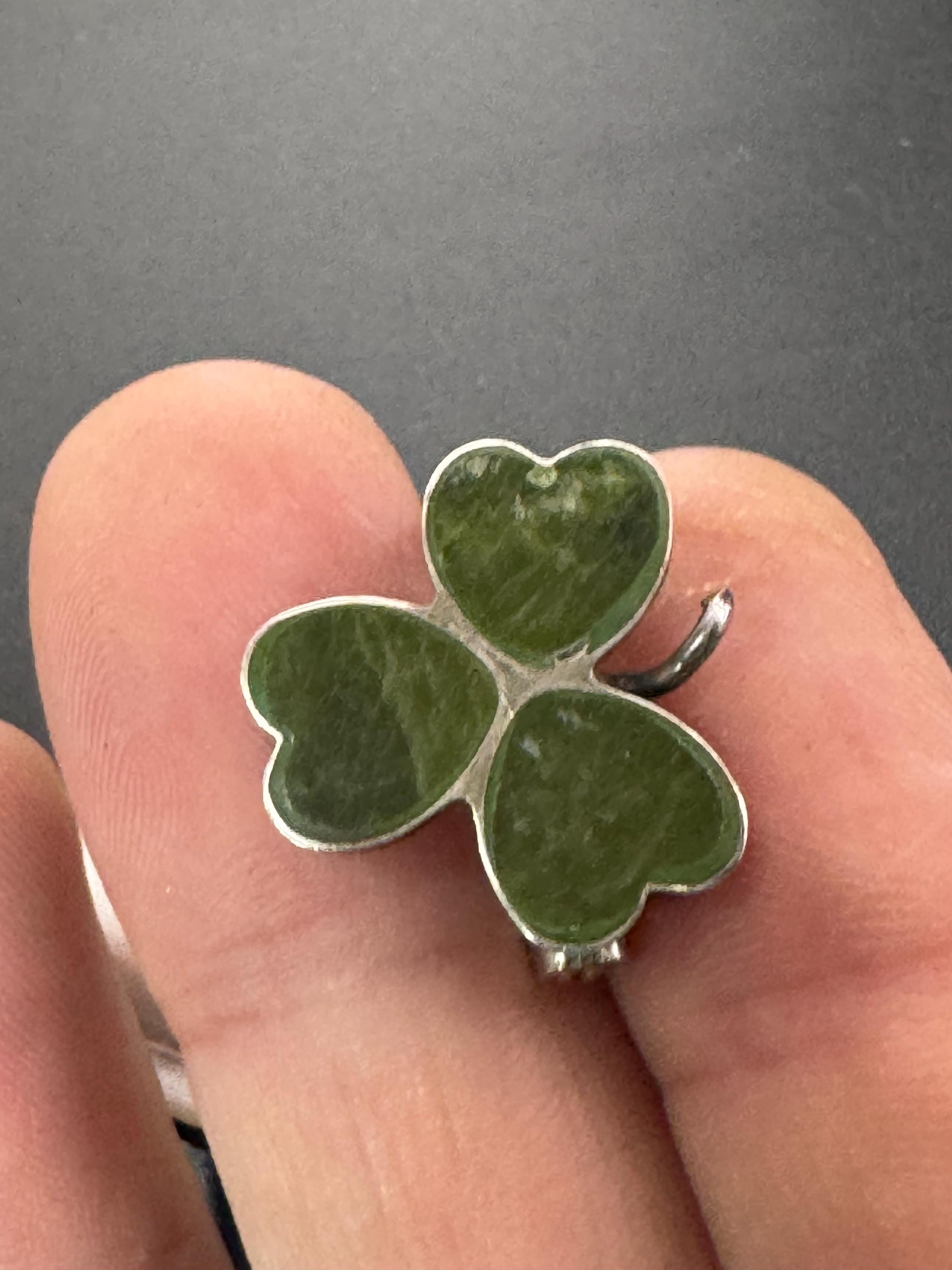Small Irish Lucky clover good Luck 925 sterling silver green Connemara marble shamrock brooch