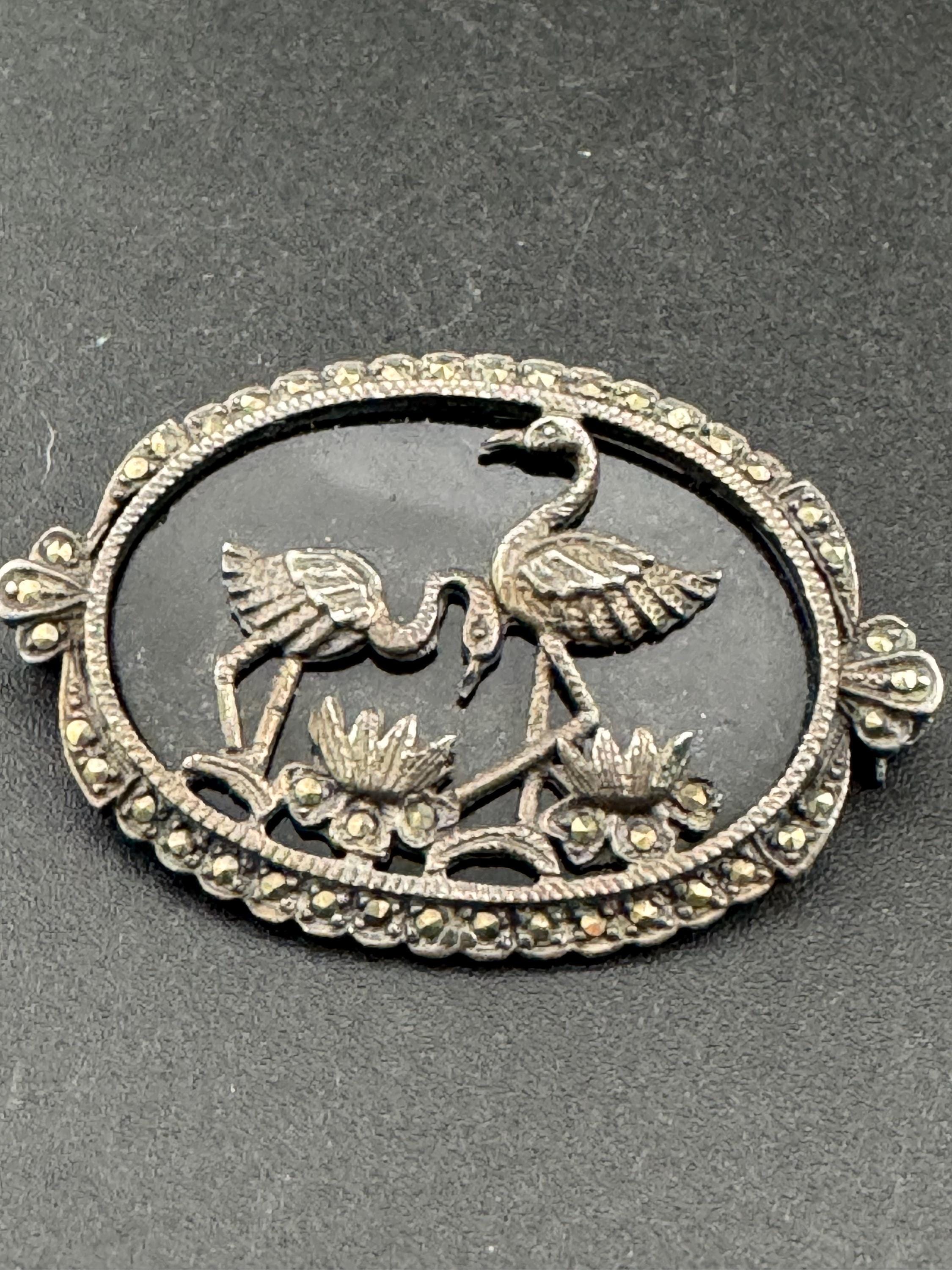 Vintage hallmarked flamingo and water lily brooch, 925 Sterling silver marcasite black glass, mid century art deco in style roll clasp