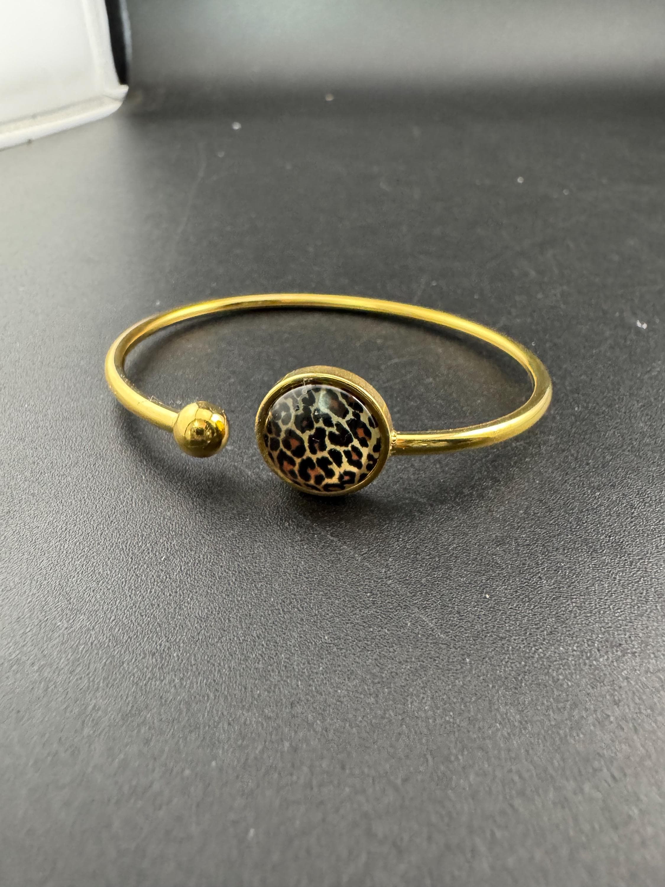 Leopard print gold tone stainless steel glass 12mm cabochon bangle bracelet, dainty slim bangles