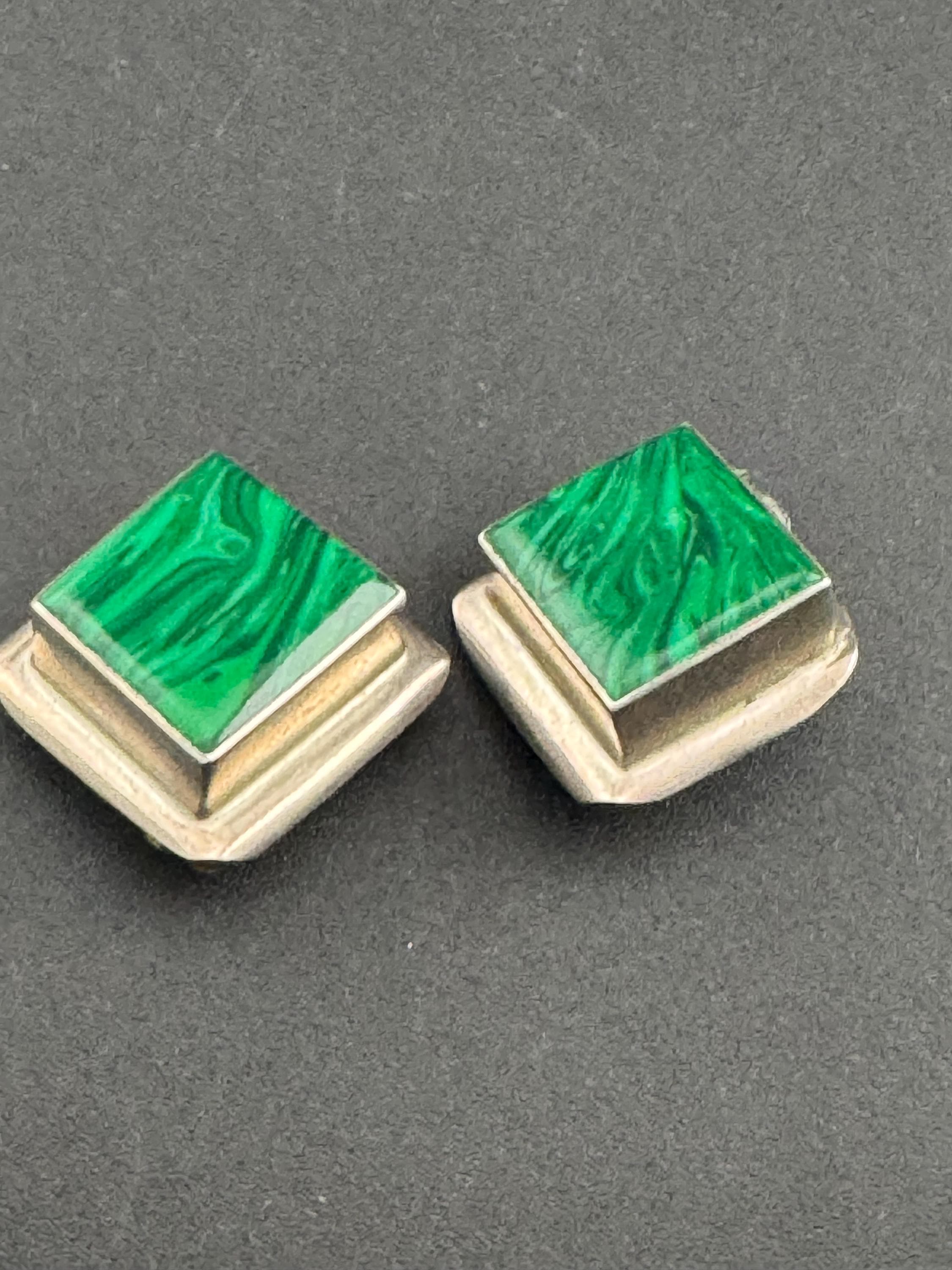 Vintage chunky 2.75cm 925 modernist sterling silver and malachite green gemstone square cube clip on earrings 16.1 grams