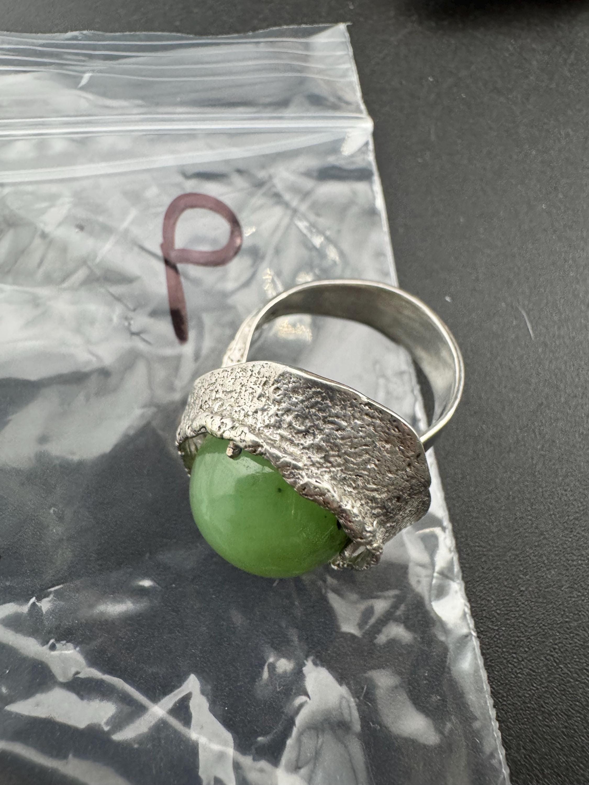 Uk Size U men’s brutalist 925 Sterling silver ring with green gemstone, adjustable sizing