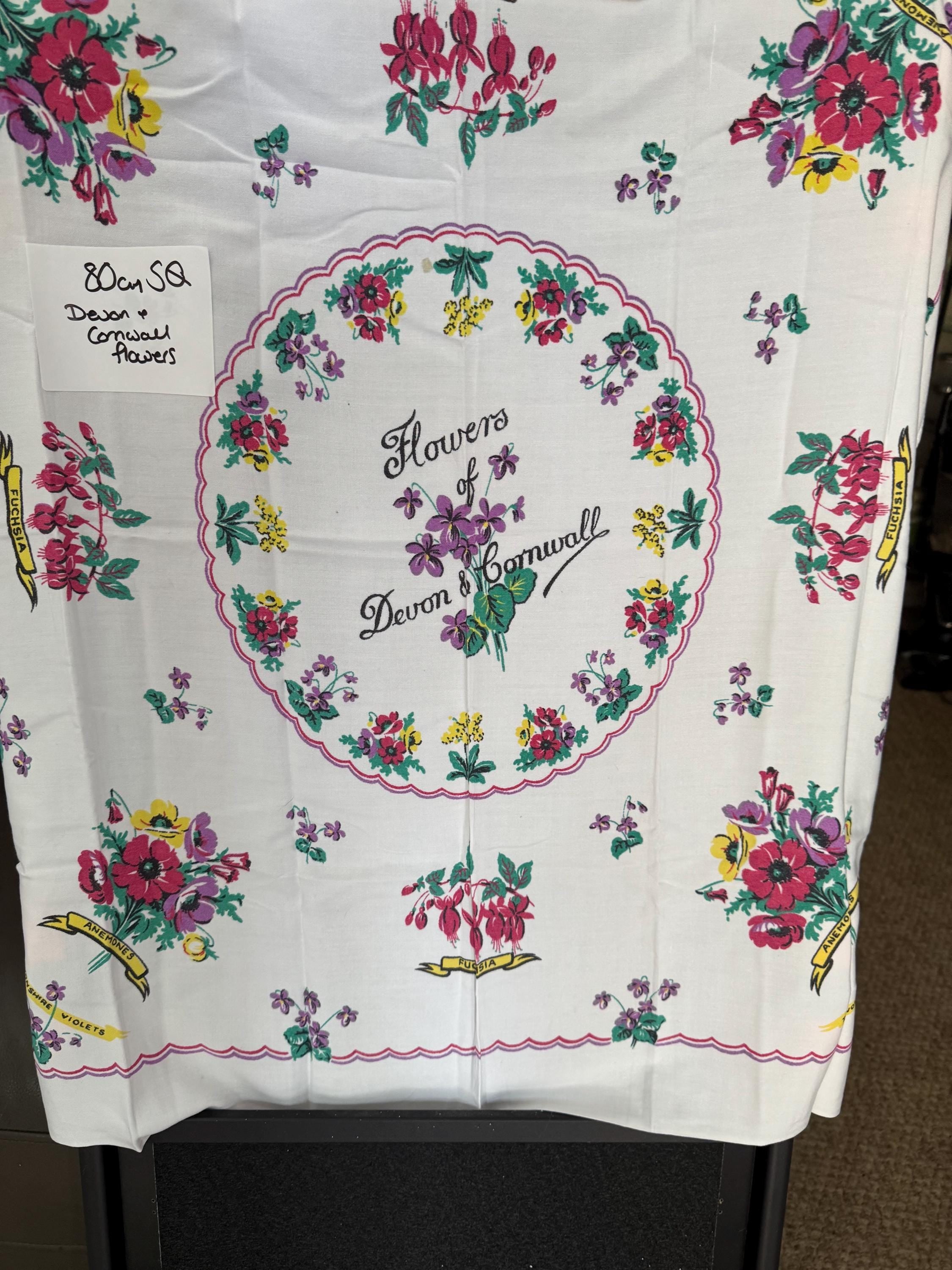 Flowers of Devon and Cornwall Souvenir tourist tablecloth white 80cm square,  Devonshire Cornish vintage linens