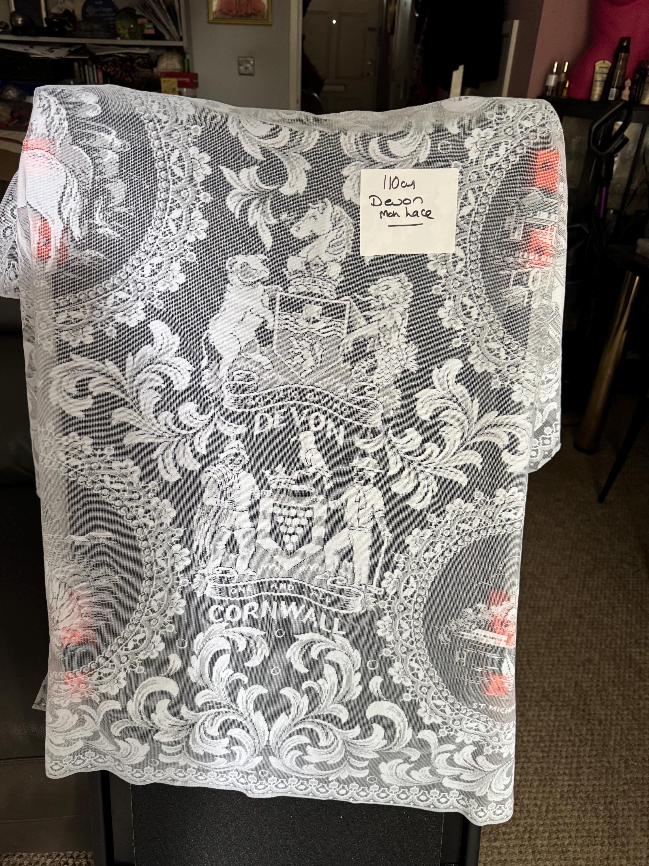 Devon machine lace Souvenir tourist tablecloth white 110cm square,  Devonshire vintage linens
