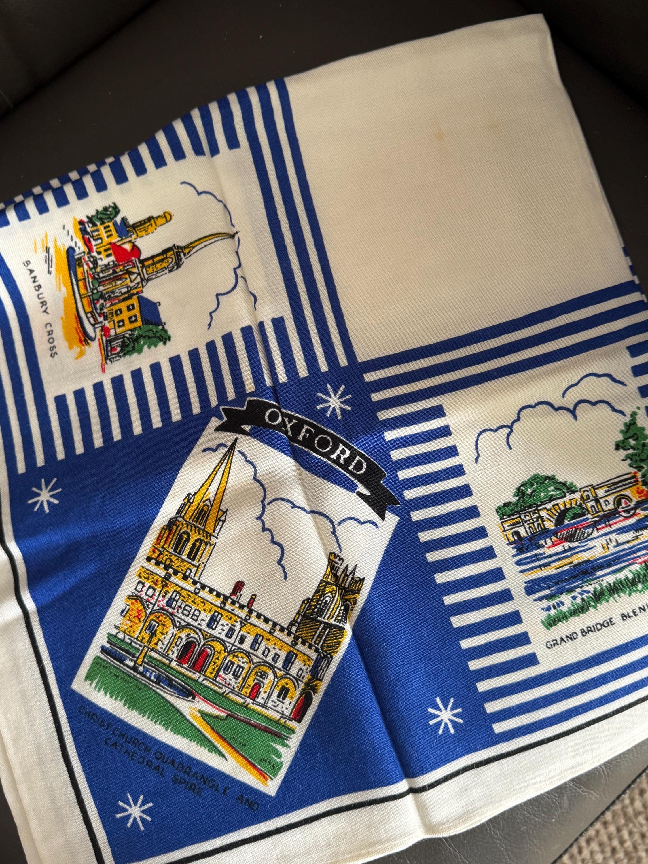 City of Oxford landmarks Souvenir tourist tablecloth white 83cm square, mid century vintage linens