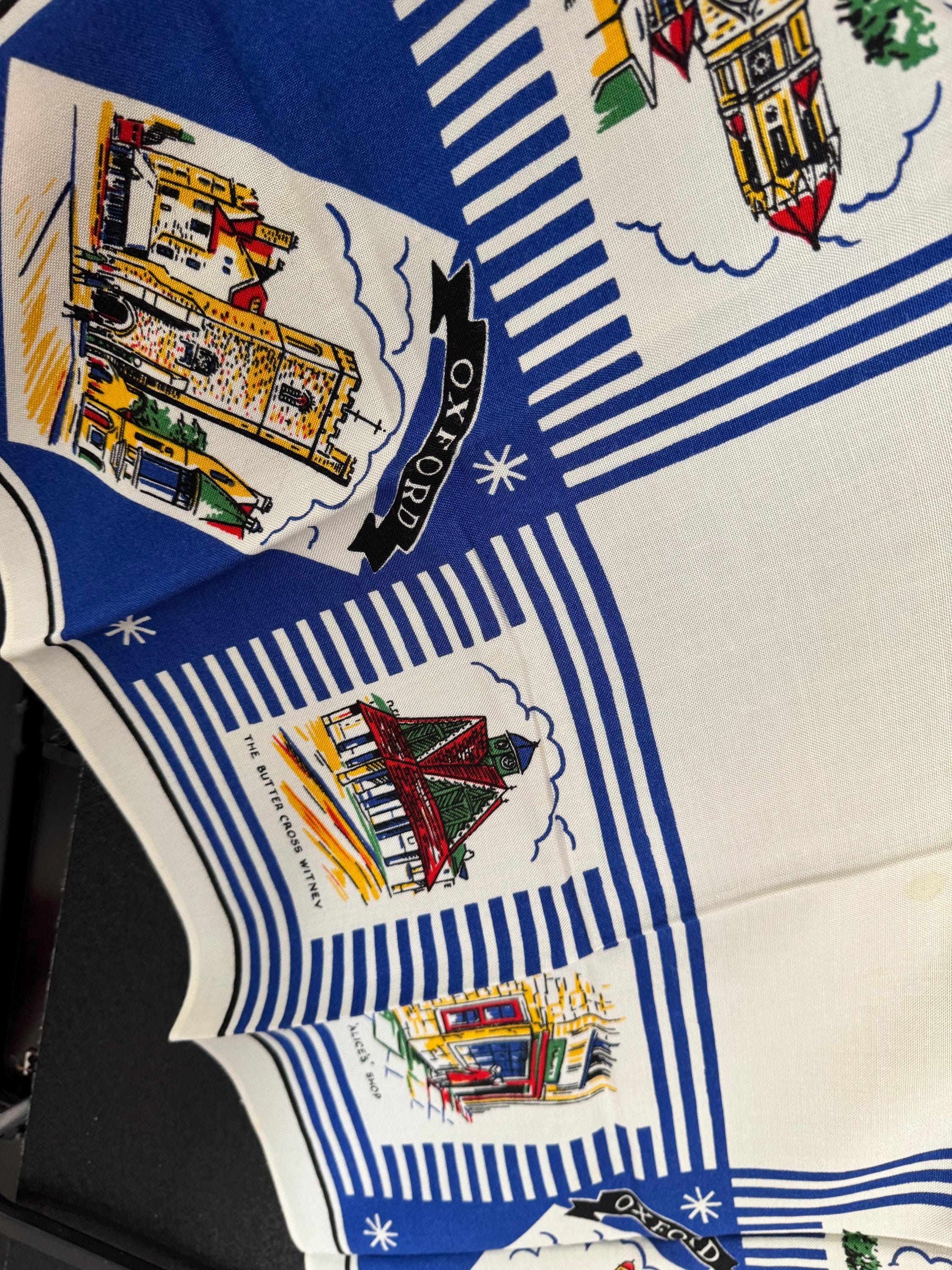 City of Oxford landmarks Souvenir tourist tablecloth white 83cm square, mid century vintage linens