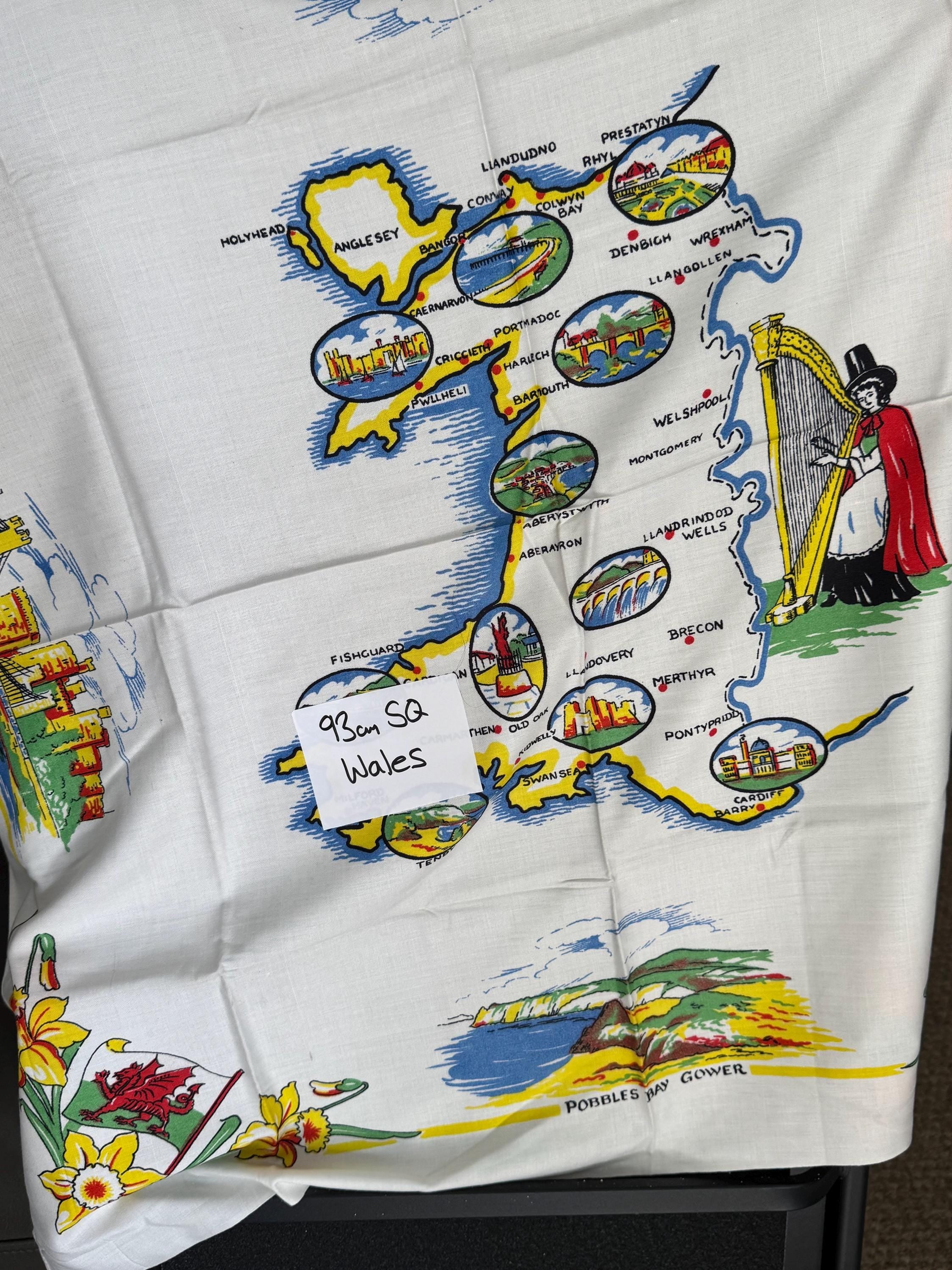 93cm near square souvenir of Wales tourist linen Welsh cotton tablecloth printed , vintage linens for teaahop