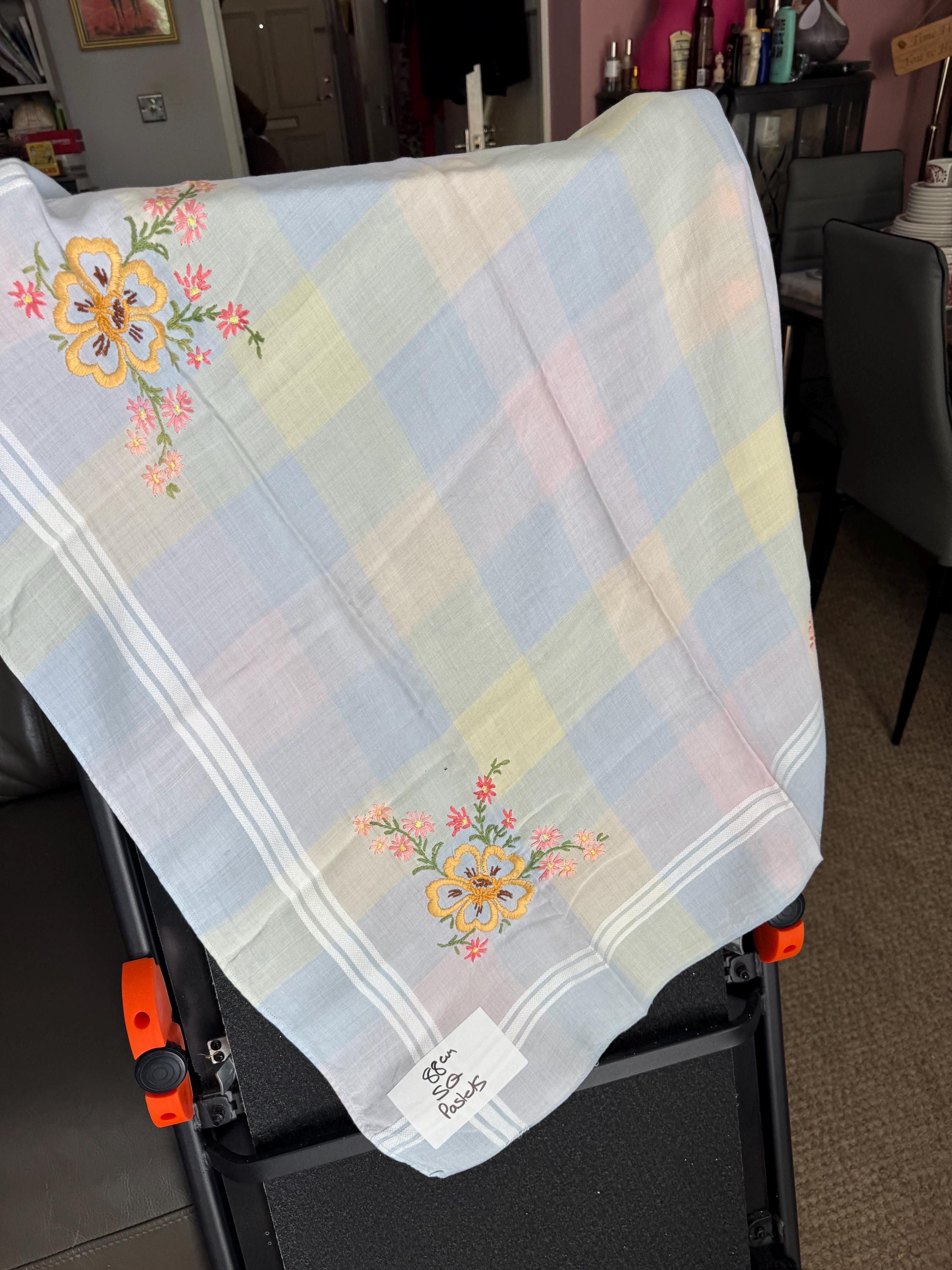 88cm square pastel checked pretty floral Vintage embroidered tablecloth, vintage linens yellow blue pink
