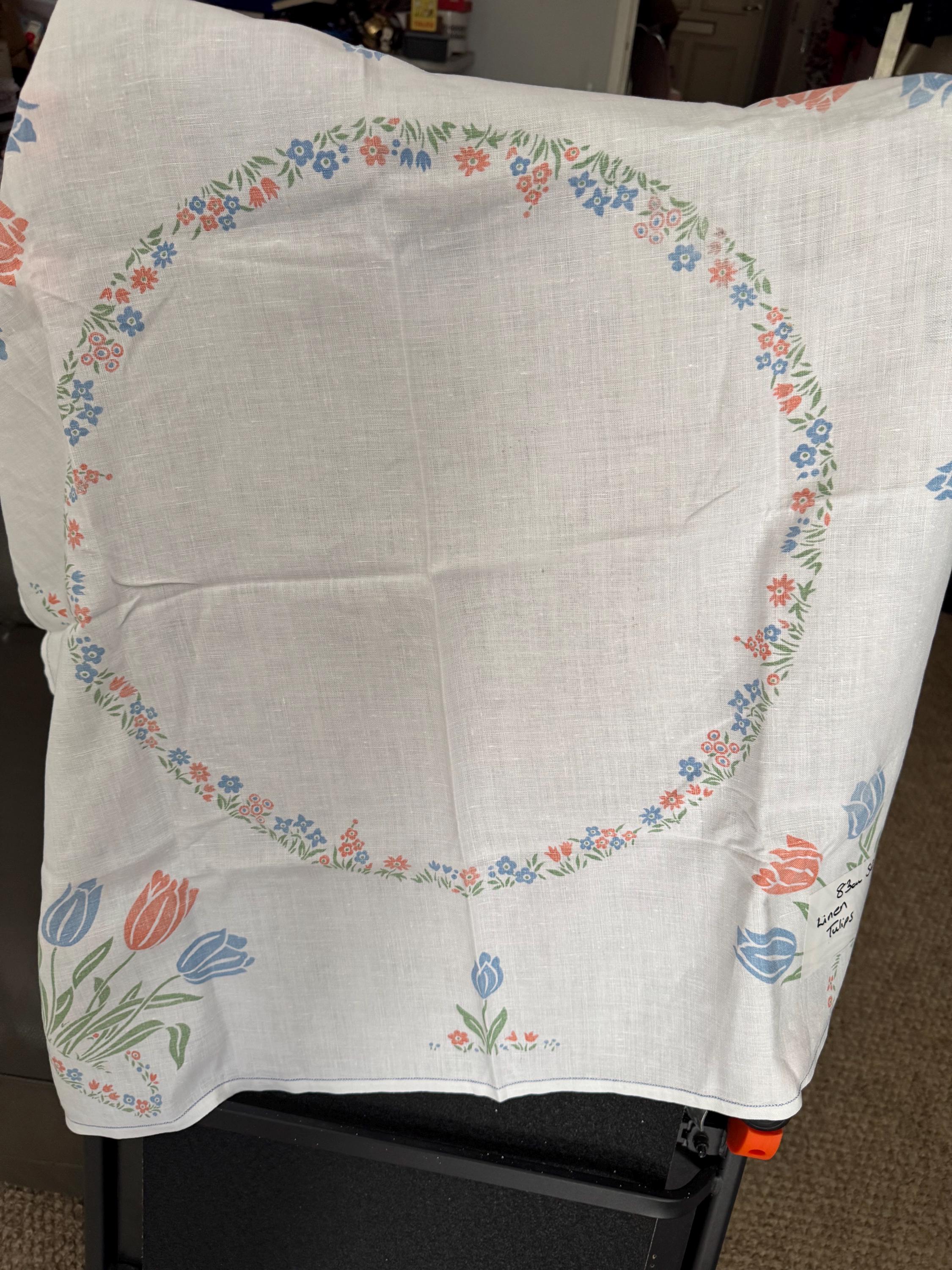 83cm near square vintage white linen cotton tablecloth printed with floral red blue tulips spring flowers,  cottage chateau tearooms