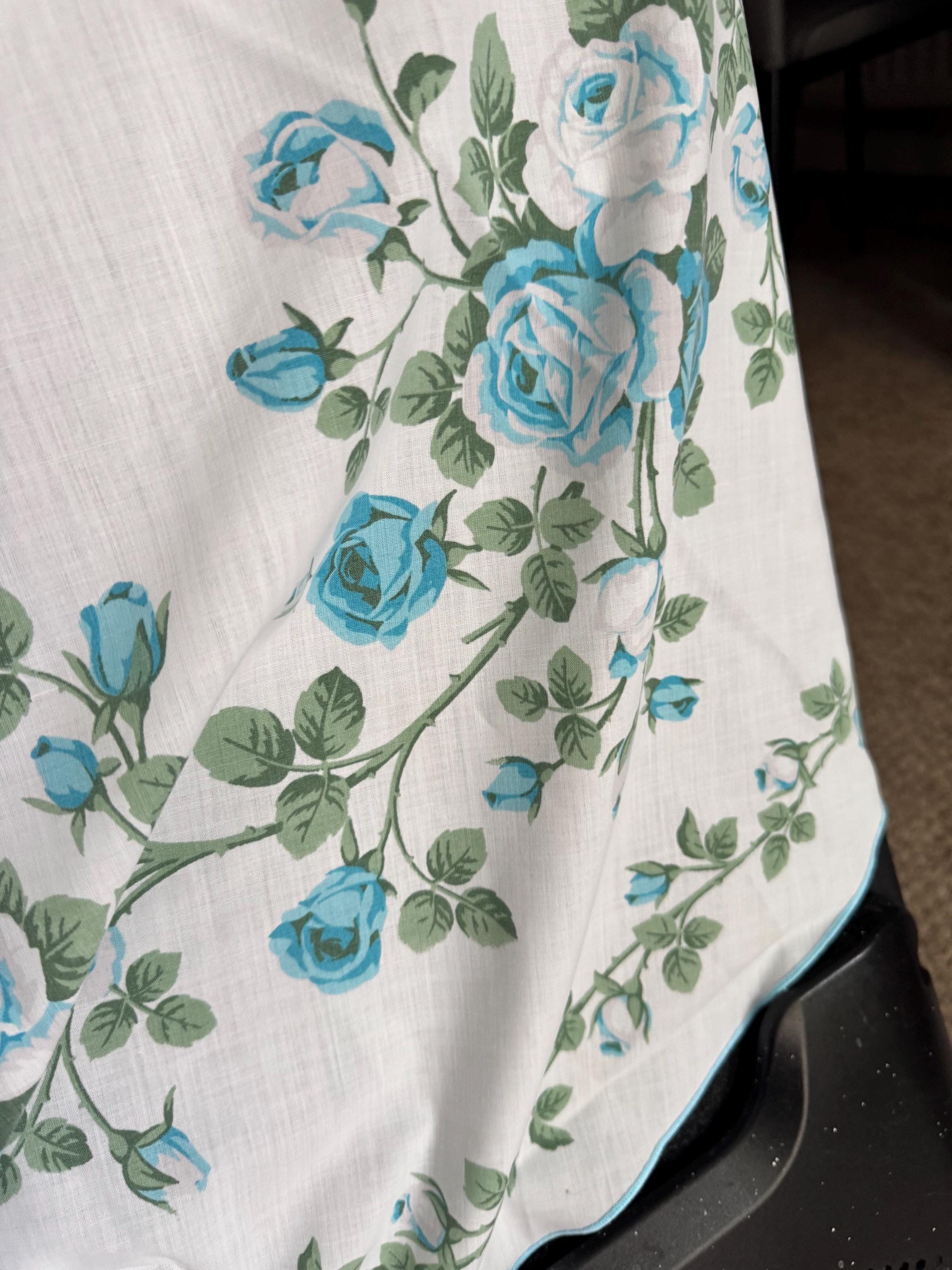 Large 170cm round Retro Vintage tablecloth, white with printed blue roses , cottage floral tablecloth