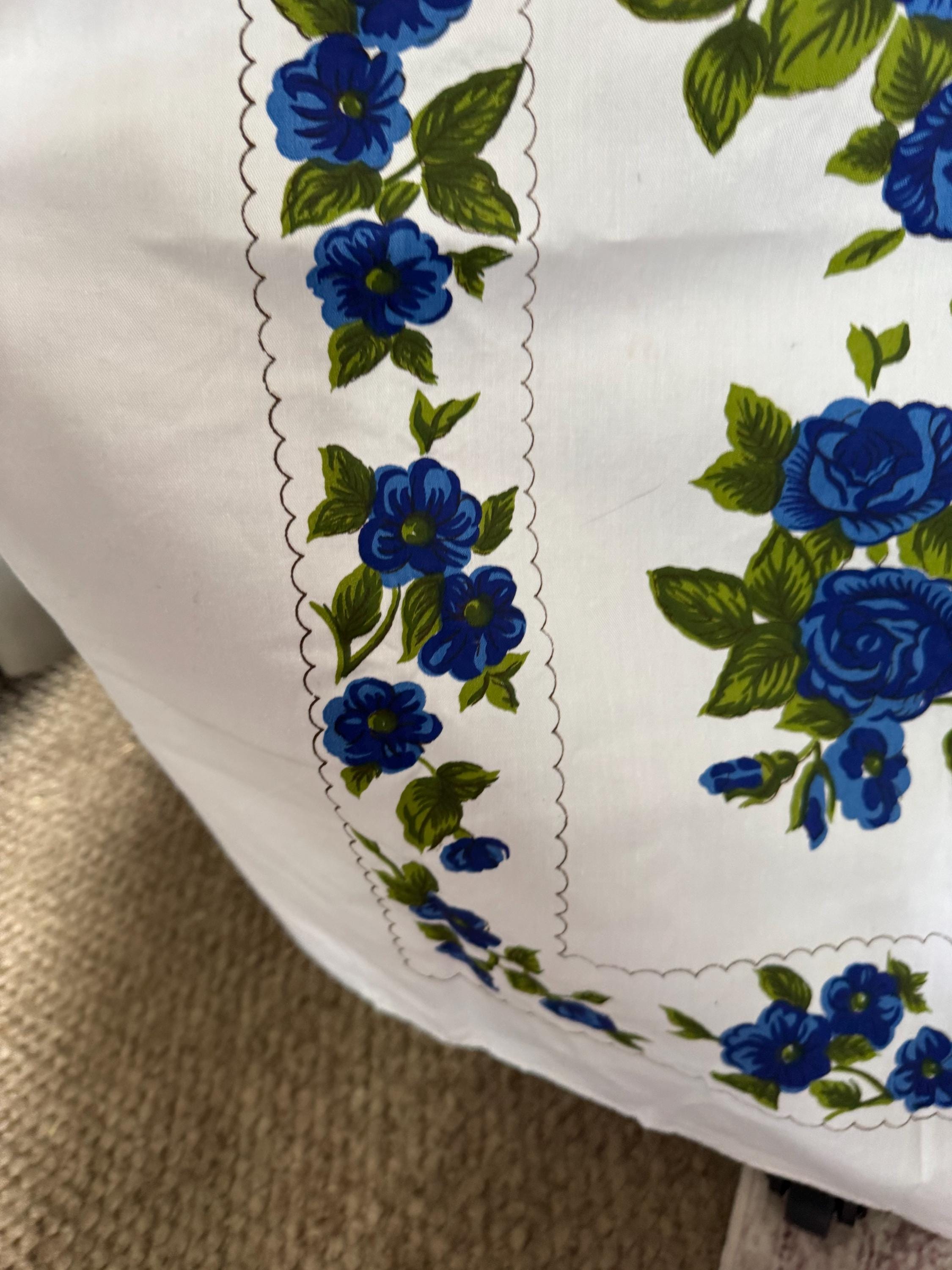 Large 168 x 127cm rectangular Vintage linen tablecloth, white with printed blue roses , cottage floral tablecloth