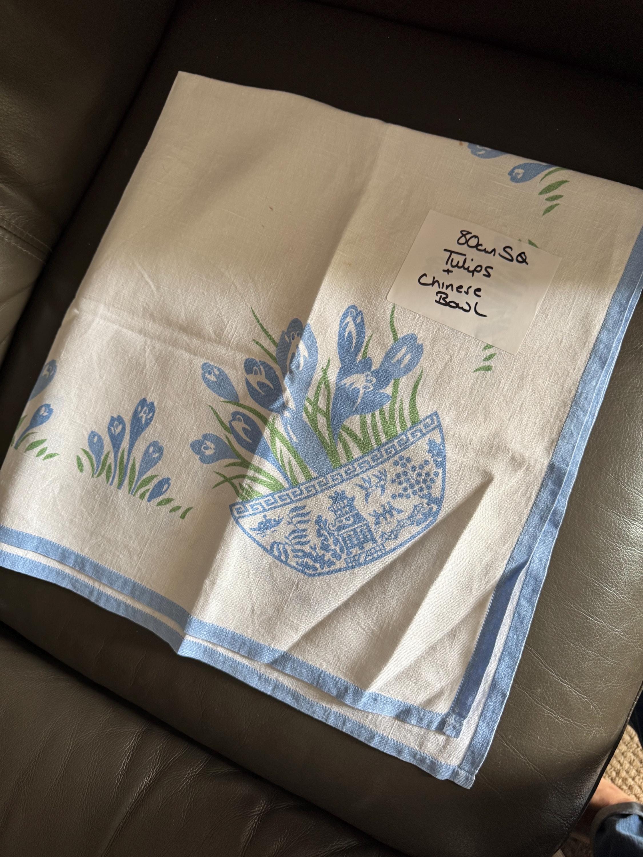 80cm square vintage white linen cotton tablecloth, printed floral tablecloth Chinese design bowl with blue green flowers cottage chateau