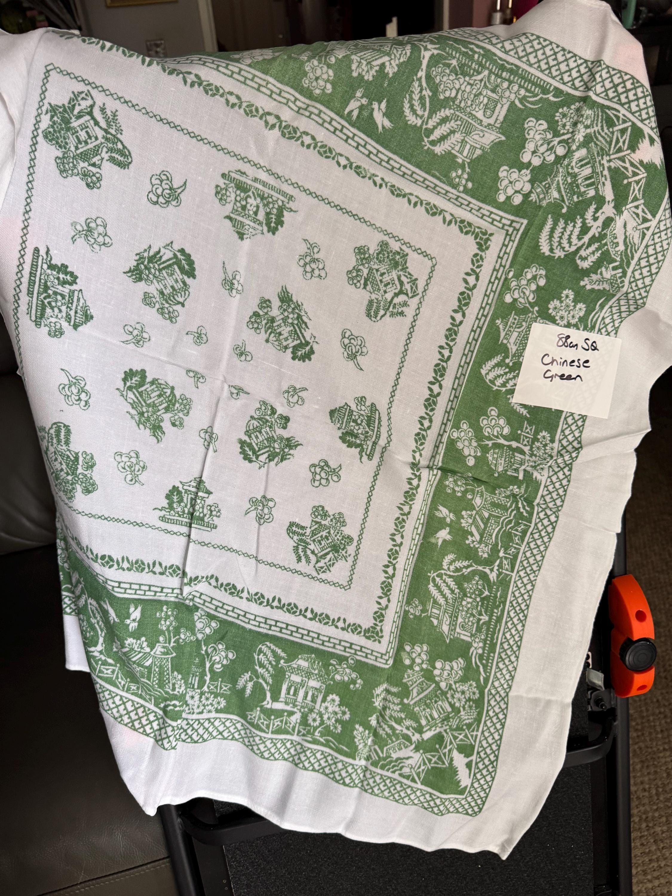 88cm large vintage linen cotton printed tablecloth, white with green Chinese pagoda scenes, ideal  cottage chateau tearooms