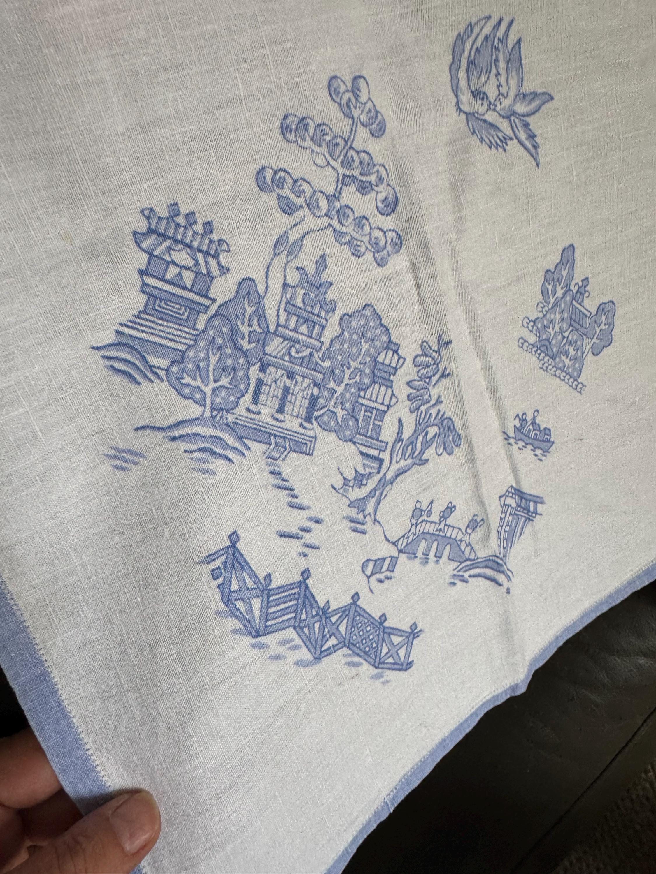 85cm square vintage crisp linen cotton tablecloth printed white with blue Chinese Eastern pagoda design ideal cottage core