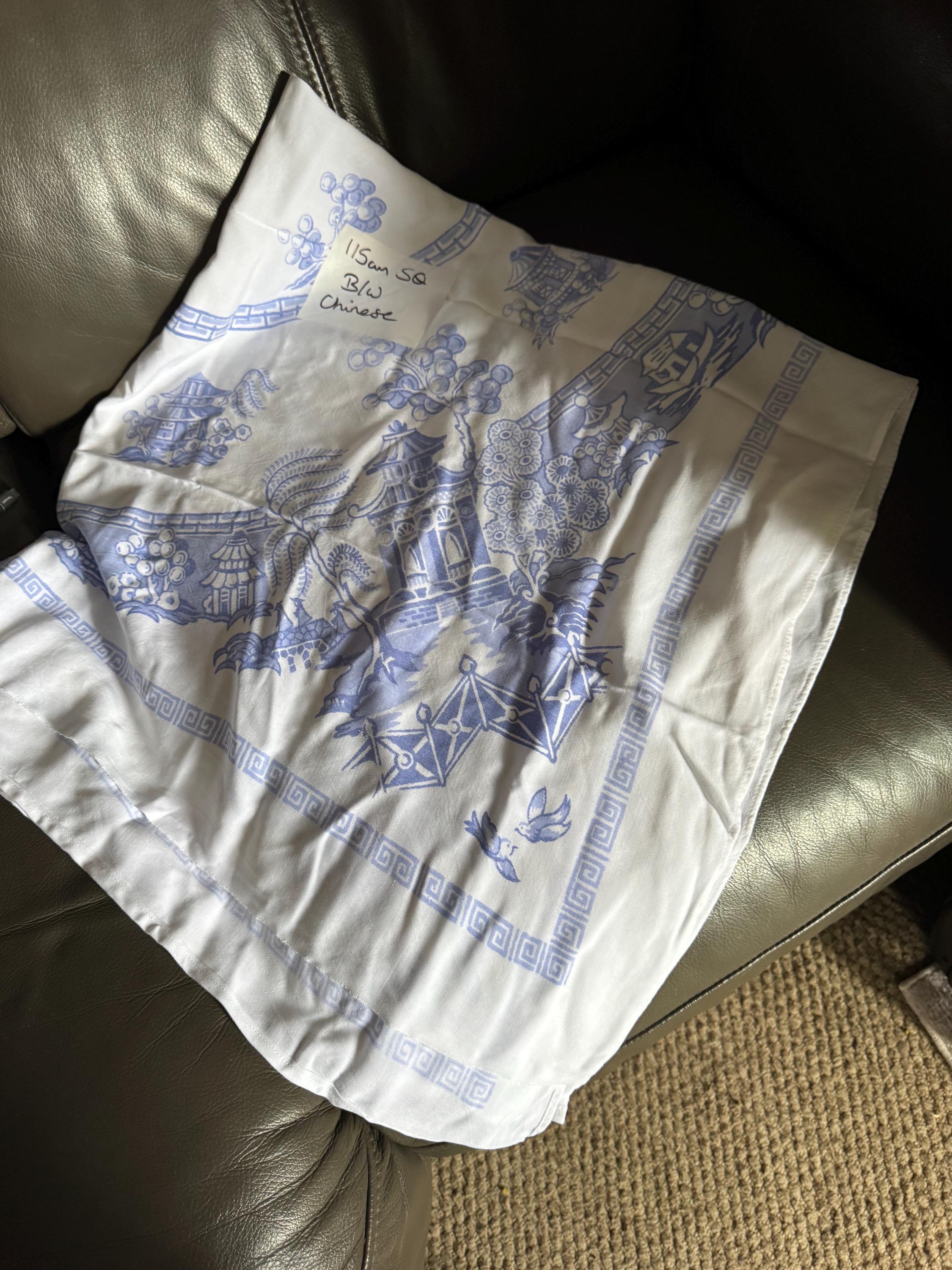 Large 115cm square vintage cotton tablecloth, white with a blue Chinese  pagoda willow pattern