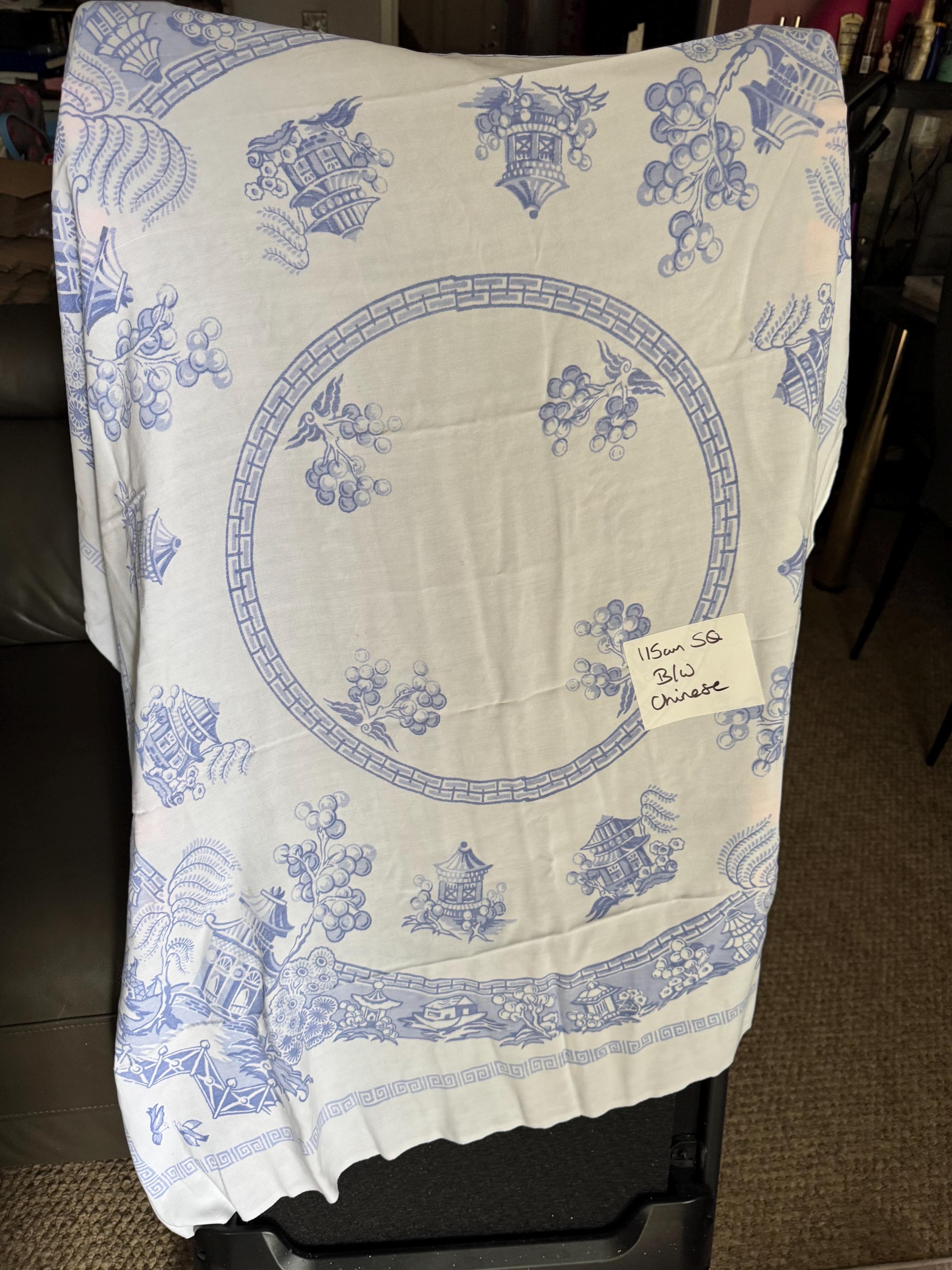 Large 115cm square vintage cotton tablecloth, white with a blue Chinese  pagoda willow pattern