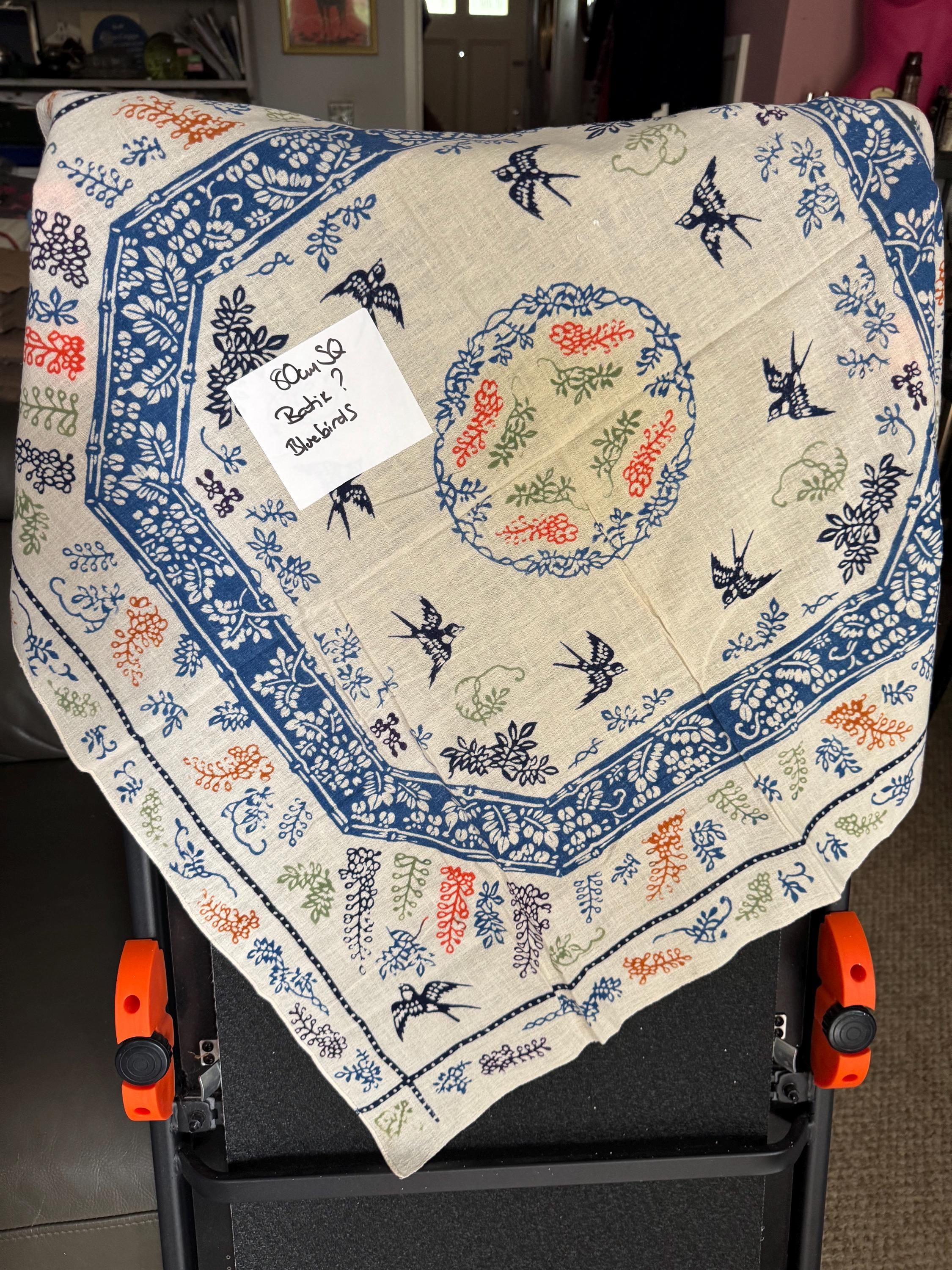 80cm square boho vintage batik print tablecloth printed with bluebirds and orange and blue florals